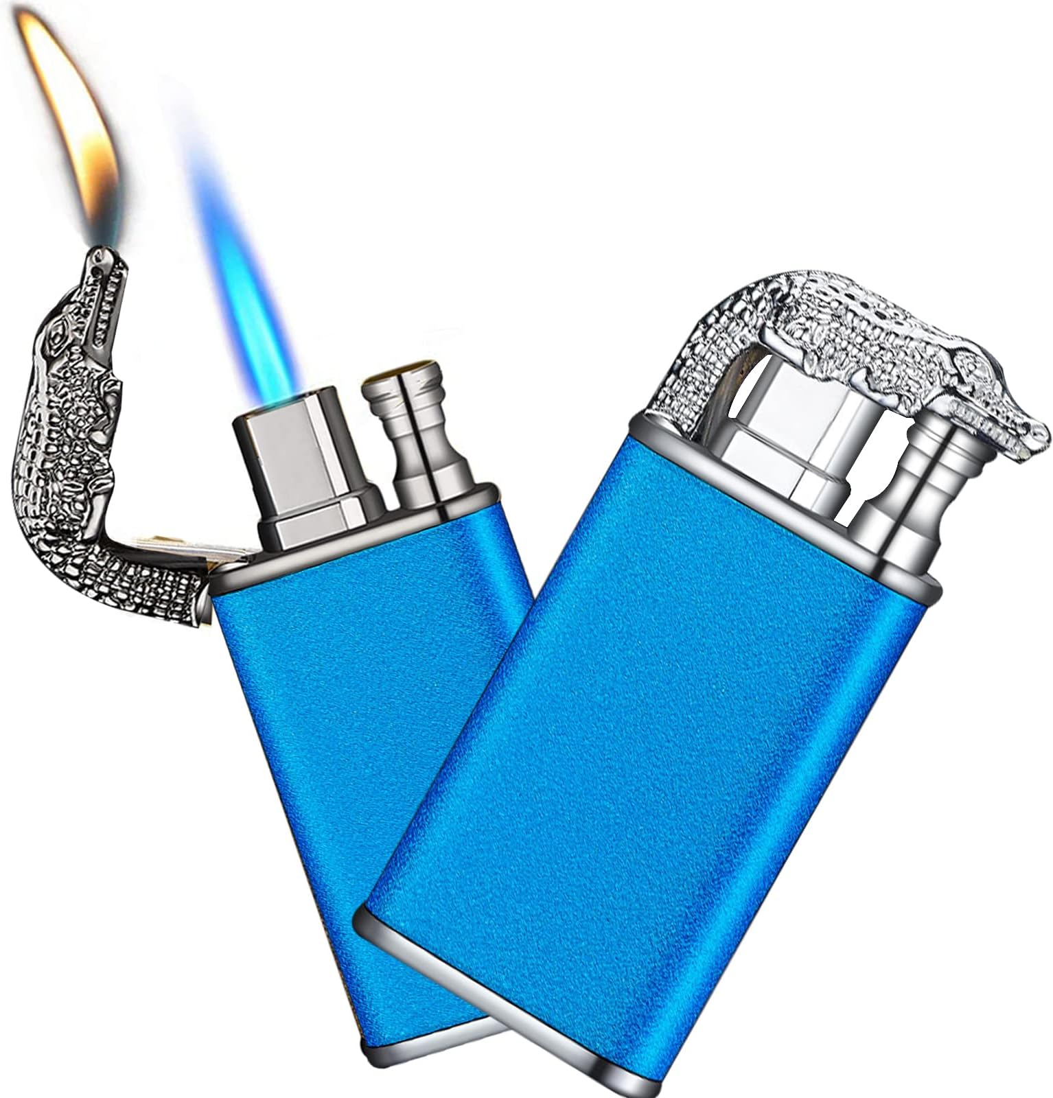 Magic Dual Flame Crocodile Lighter, Crocodile Dual Fire Lighter, Creative Windproof Croc Torch Lighter, Cool Dual Jet Flame Butane Lighter, Refillable Butane Lighter for Outdoor Indoor (Frosted Blue)