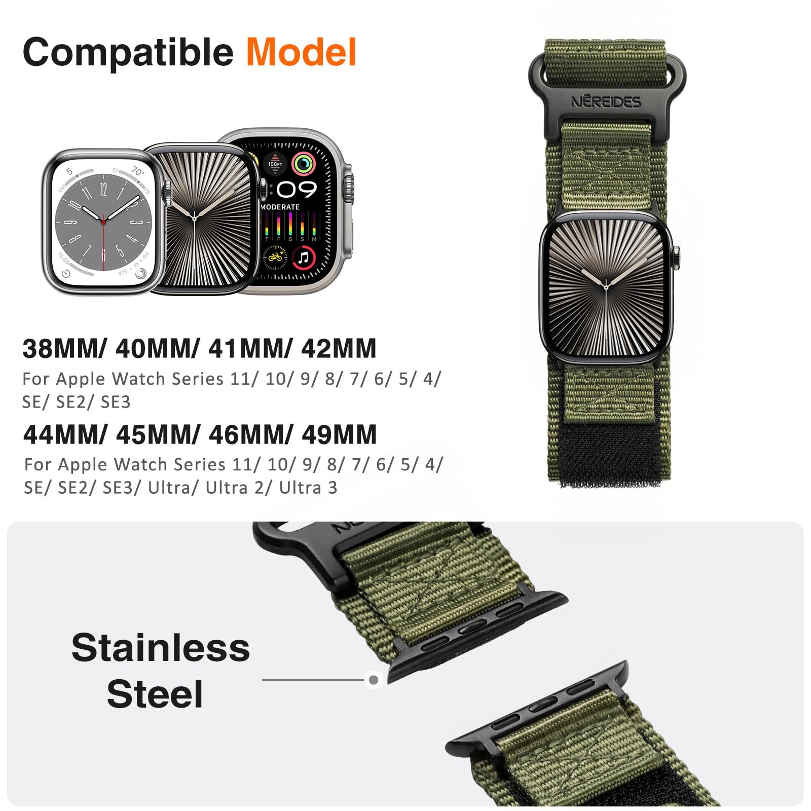 Nereides Rugged Nylon Band Compatible with Apple Watch Ultra 4/3/2/1 (49mm), Series 12/11/10/9/8/7/6/5/4 & SE3/SE2/SE (46mm 45mm 44mm), Tactical Sports Strap for Men (L, Army Green) — Amazon image 4