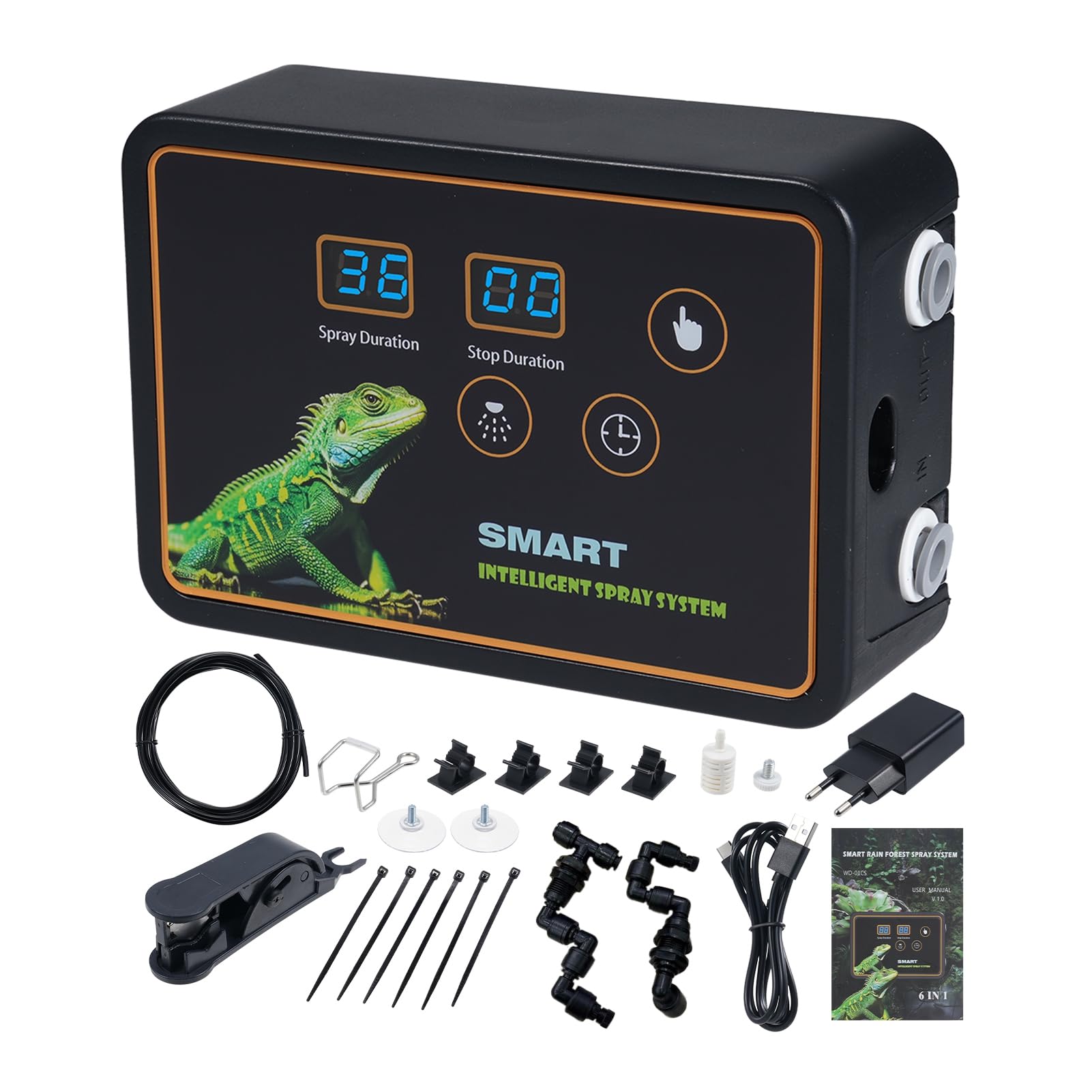 Eacam de Nebulización Inteligente para Reptiles, Boquillas de Pulverización Eficientes, Gancho Ajustable, Pulverización Temporizada para Tanque, Serpiente, Lagarto, (Enchufe europeo)