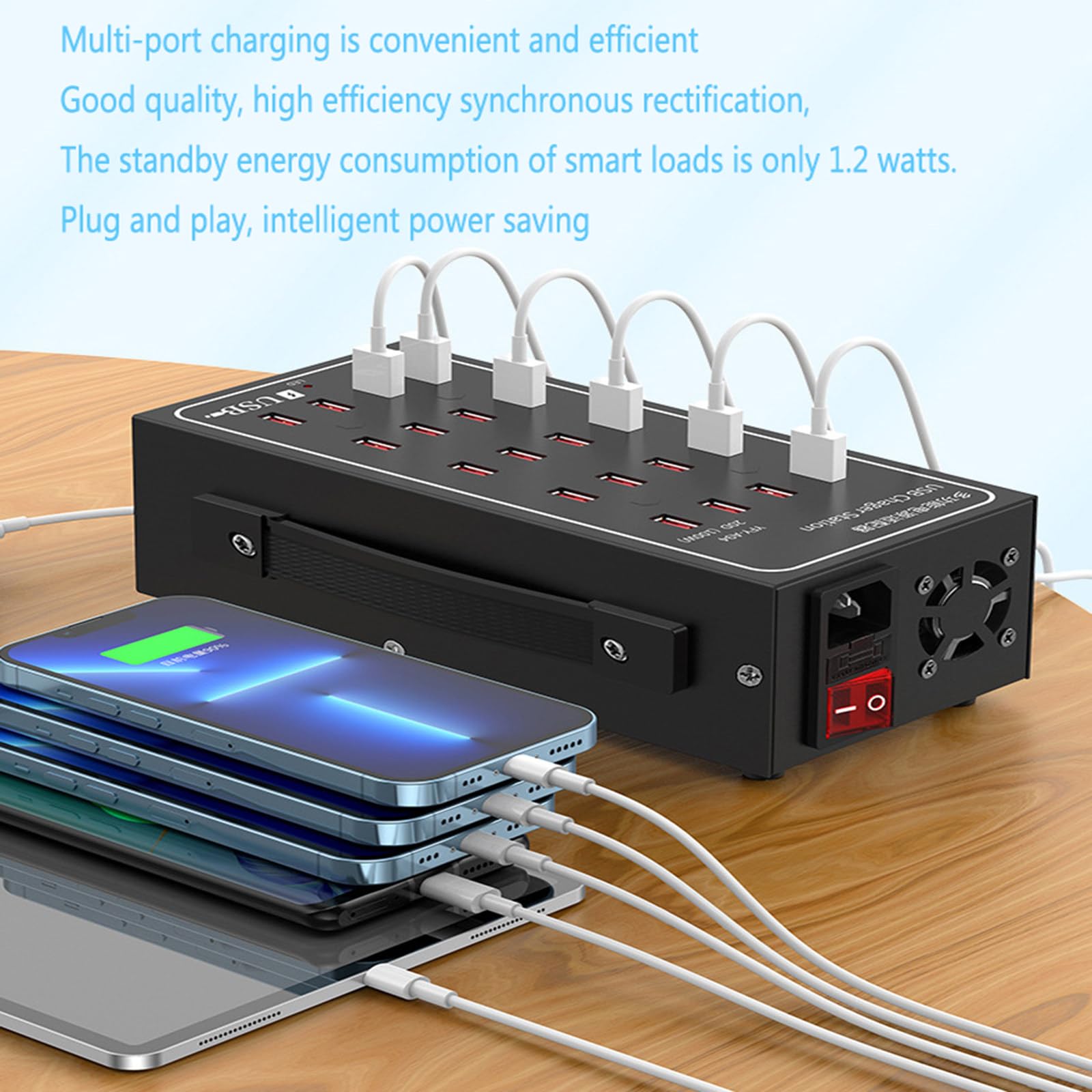 Cargador multipuerto de aleación de Aluminio, Fuente de alimentación de 100 W, Cargador multipuerto de 20 Puertos, protección contra Fugas, disipación de Calor Inteligente, 10 USB