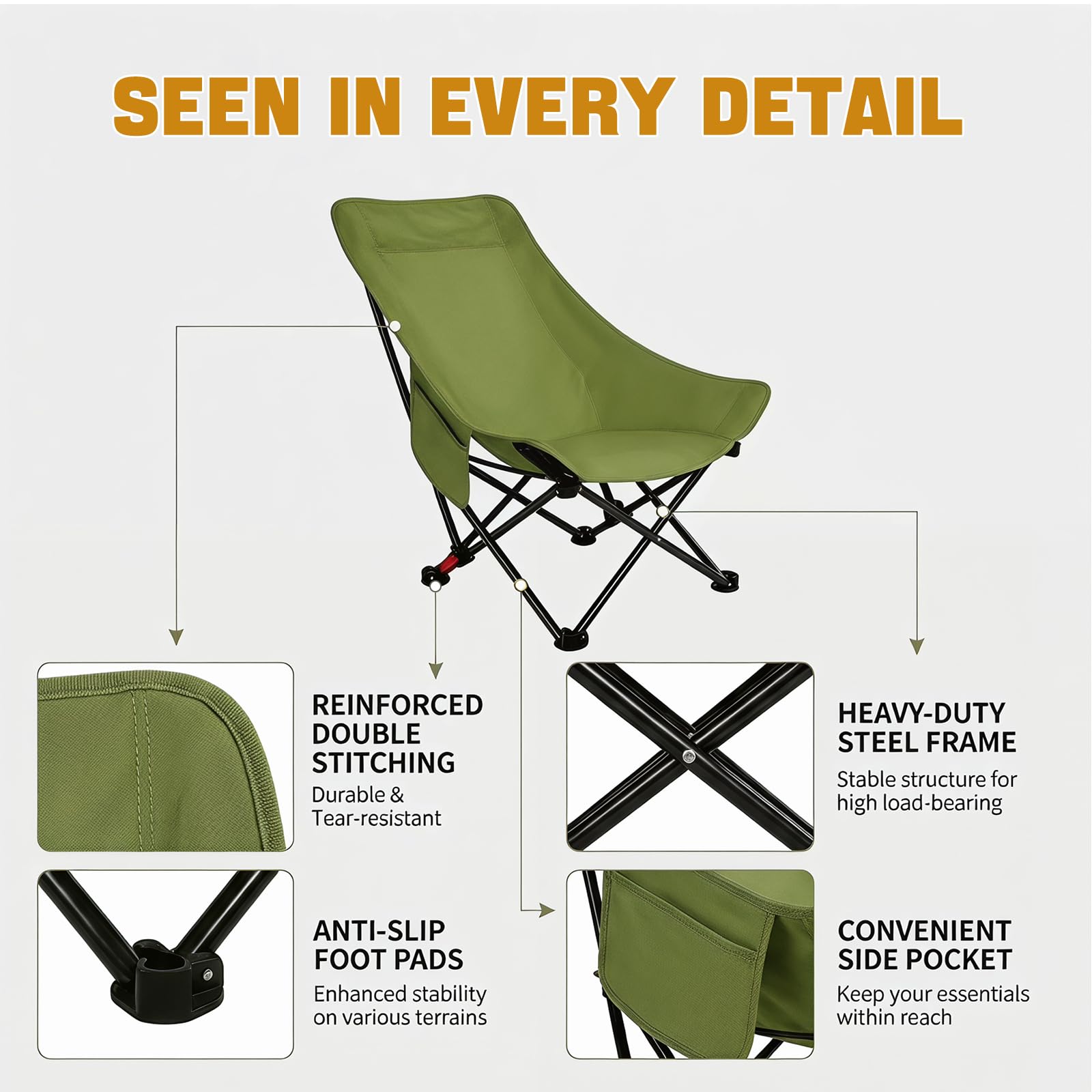 Sedia da campeggio pieghevole con schienale alto, 120 kg, ultraleggera, portatile, con 2 tasche laterali, sedia pieghevole con schienale alto, per esterni, escursionismo, picnic (verde invernale)