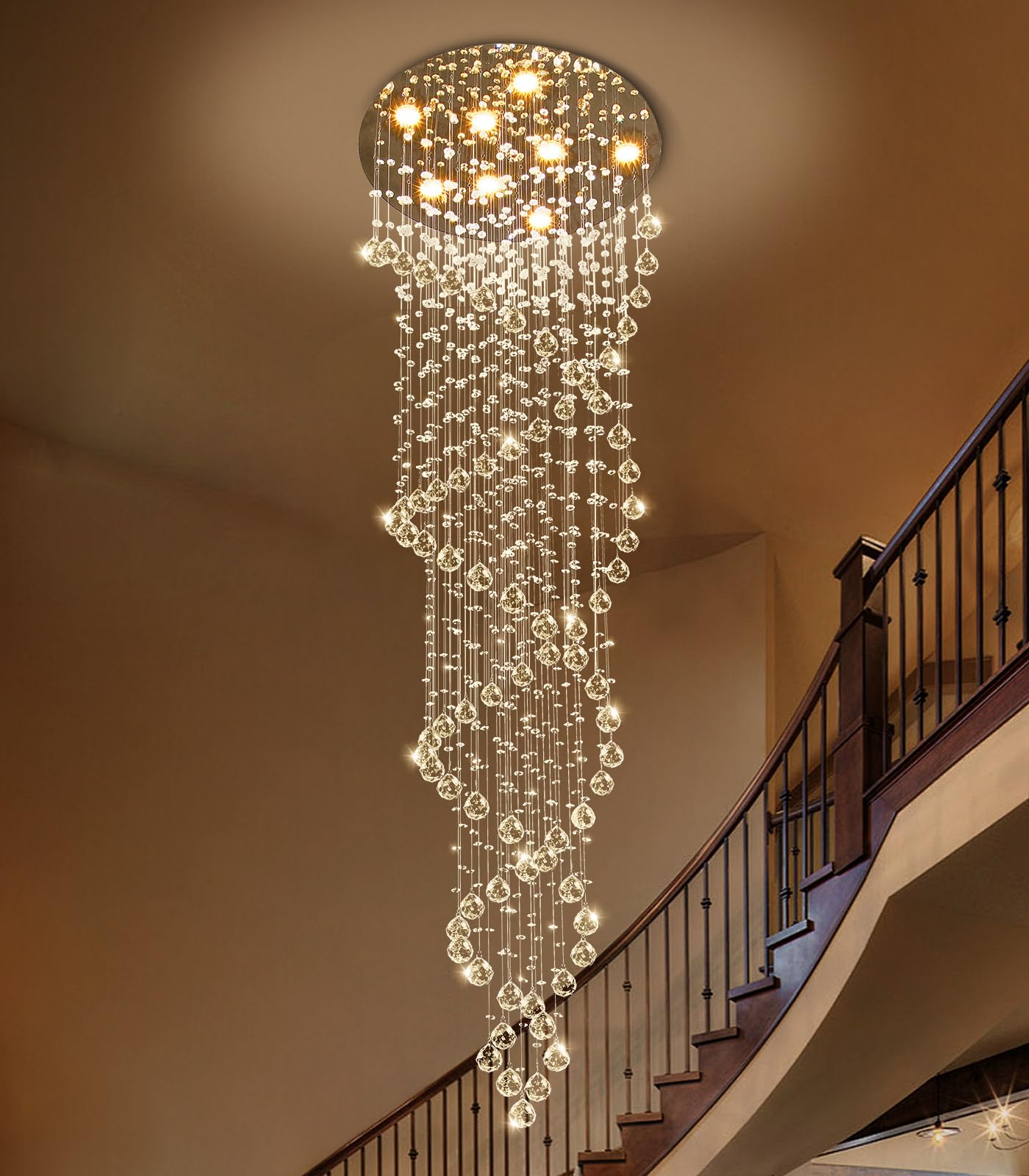 Photo 1 of cenozo Modern Large Crystal Chandelier for Foyer Raindrop Chandeliers LED Dimmable High Ceiling Flush Mount Light Fixtures for Staircaes Hallway Entryway Rain Lamp LED Bulbs Included 79'' Gold