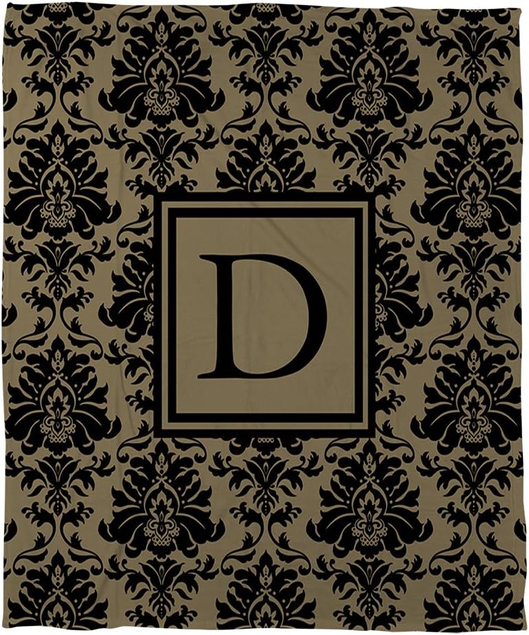 Manual Woodworkers & Weavers Coral Fleece Throw, 30 by 40-Inch, Monogrammed Letter D, Black and Gold Damask