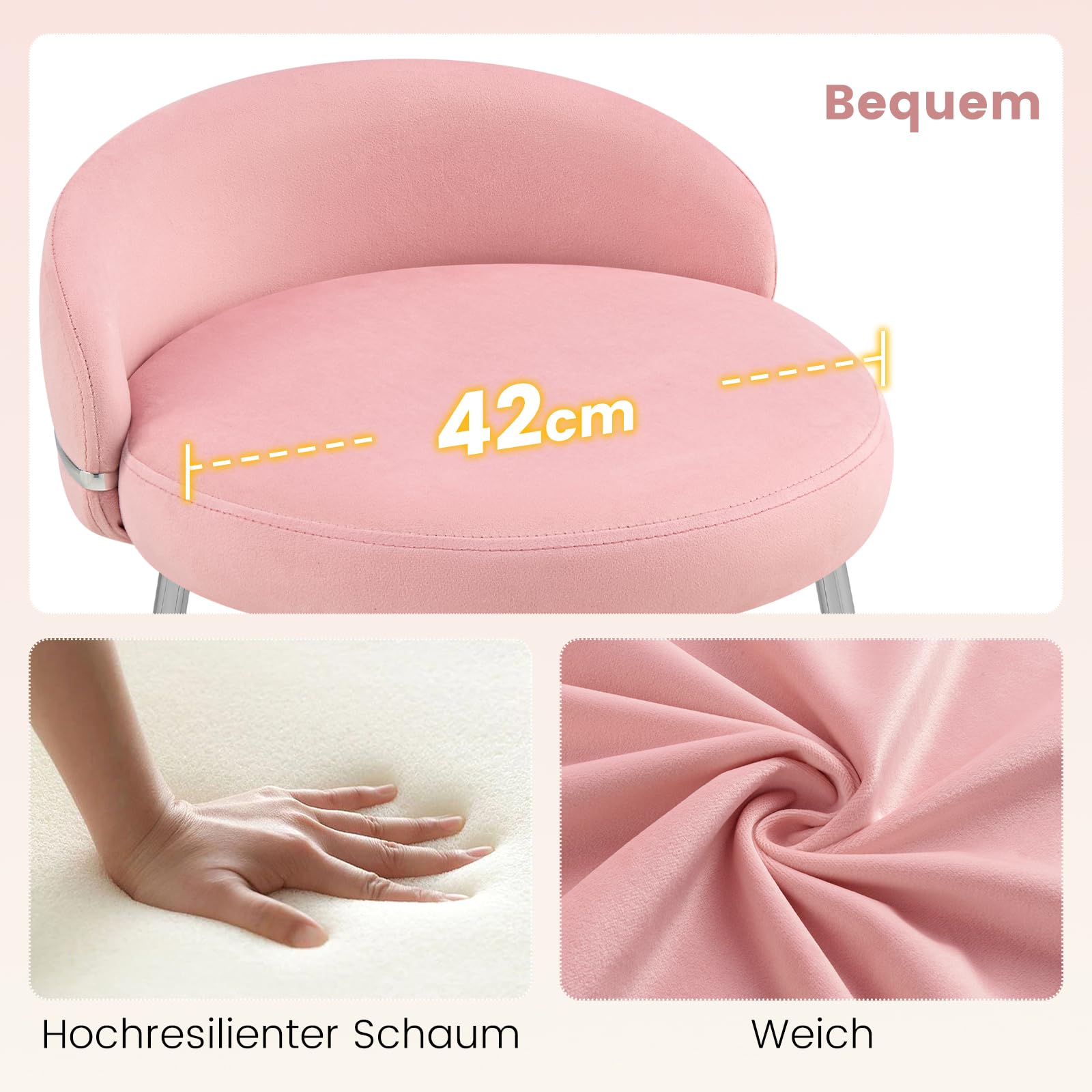 Hellove Cute Schminktisch Hocker, Kleiner Samt Schminkstuhl Armloser mit gewölbter Sitzfläche & Silber Metallbeinen, Sitzhocker Fußhocker Makeup-Hocker Stool für Schlafzimmer Wohnzimmer, Rosa