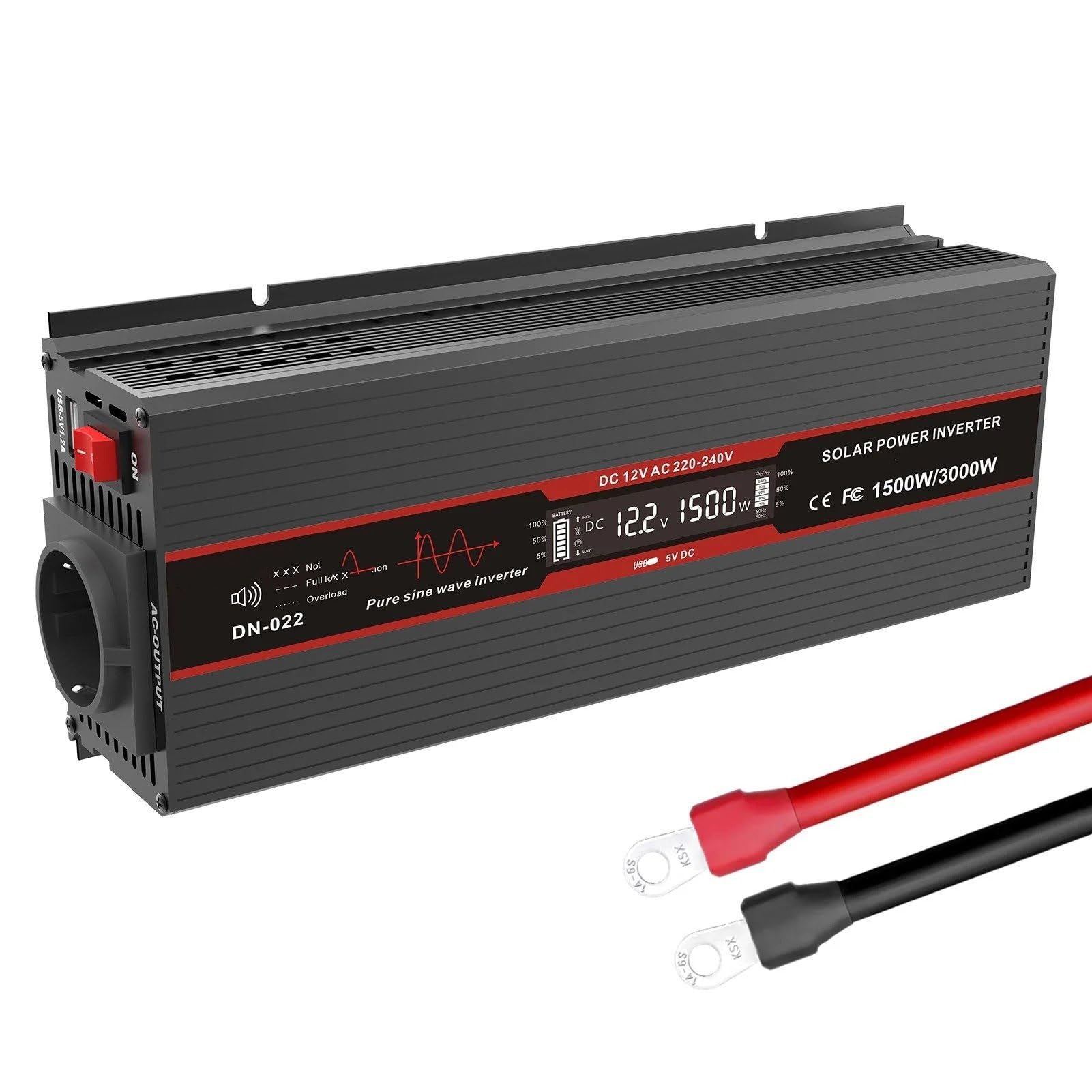 Convertisseur Tension Pur Sinus Onduleur pour Voiture 12 V À 230 V Convertisseur Sinusoïdal Pur 220 V À 12 V Puissance Crête 1500 W Écran LCD Interface USB