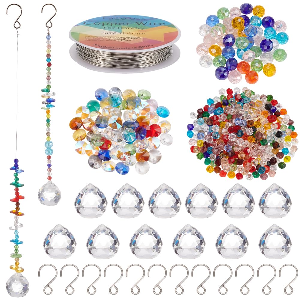 SOFPLATE 1 Box 517Pcs DIY Suncatchers Kit Suncatcher Making Kits with Large Hanging Prism Ball Colorful Bicone Crystal Beads S Shaped Hooks Wire Sun Catcher for Window Home Garden Decor Ornaments
