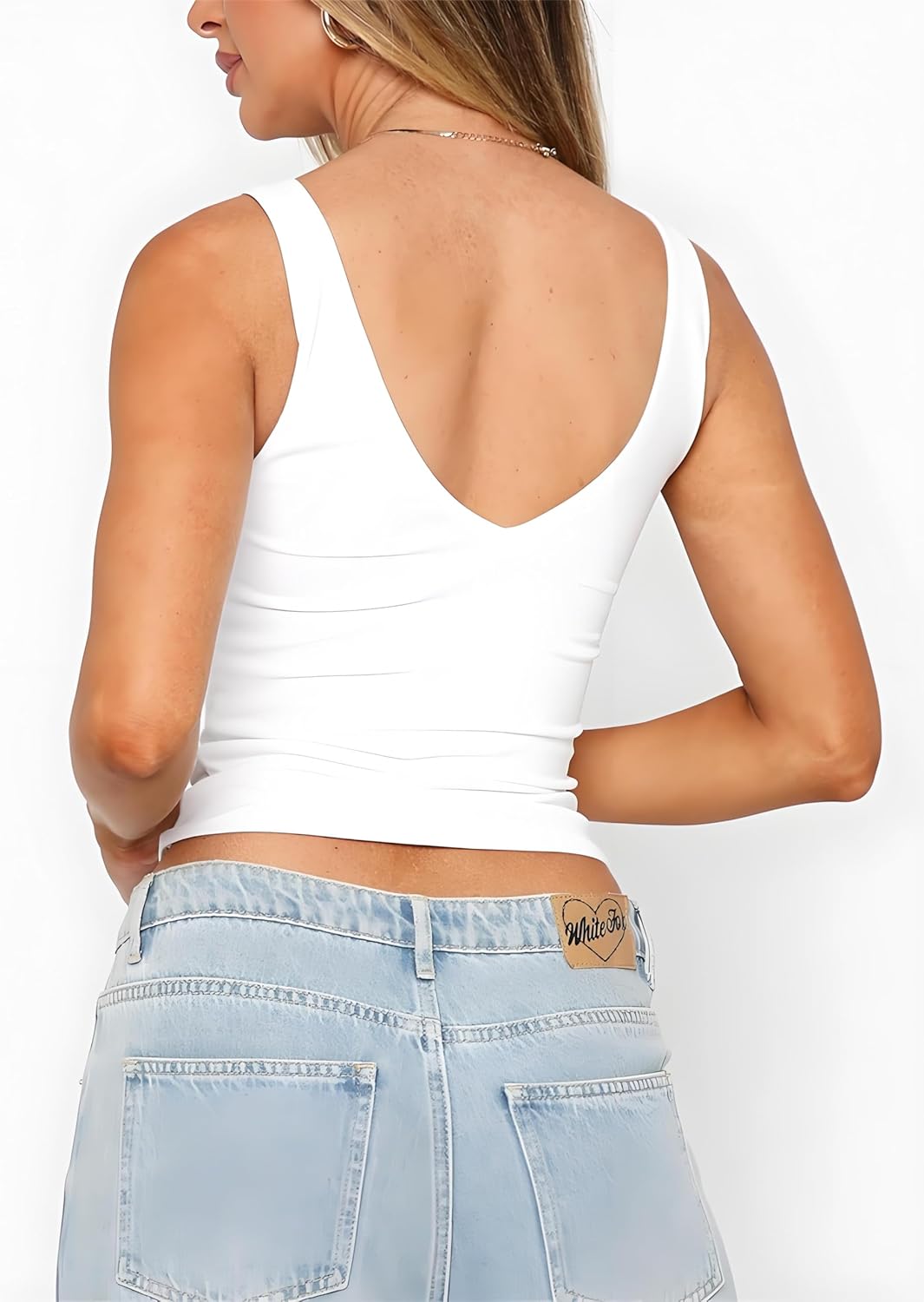 ForeFair Womens V Neck Sleeveless Backless Tank Top Slim Fit Going Out Crop Tops Double Layer Basic Casual Outfits - Image 3