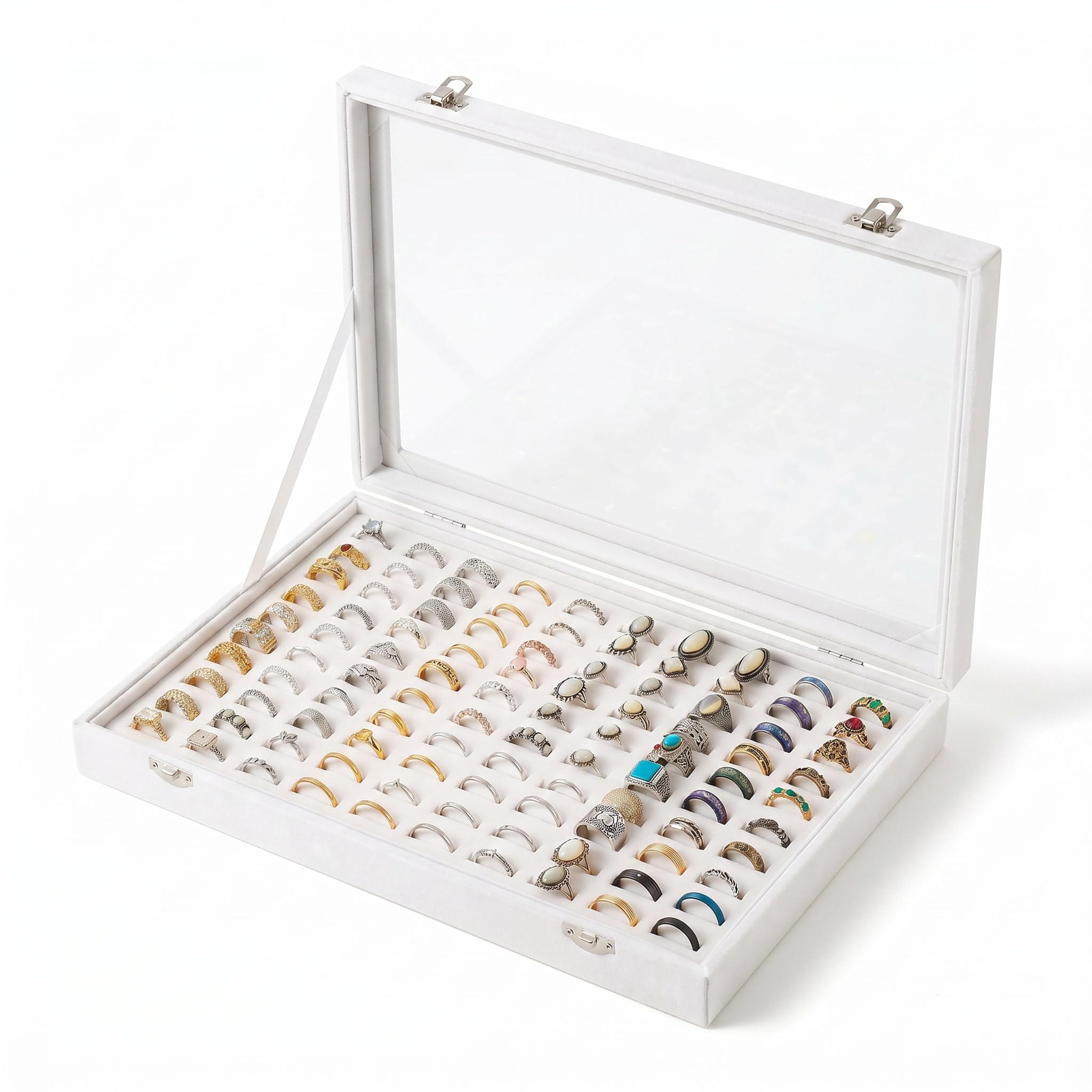 Frebeauty Bandeja organizadora de anillos con 100 ranuras para anillo con tapa transparente, caja de almacenamiento de anillo de terciopelo, bandeja de anillo(Blanco)