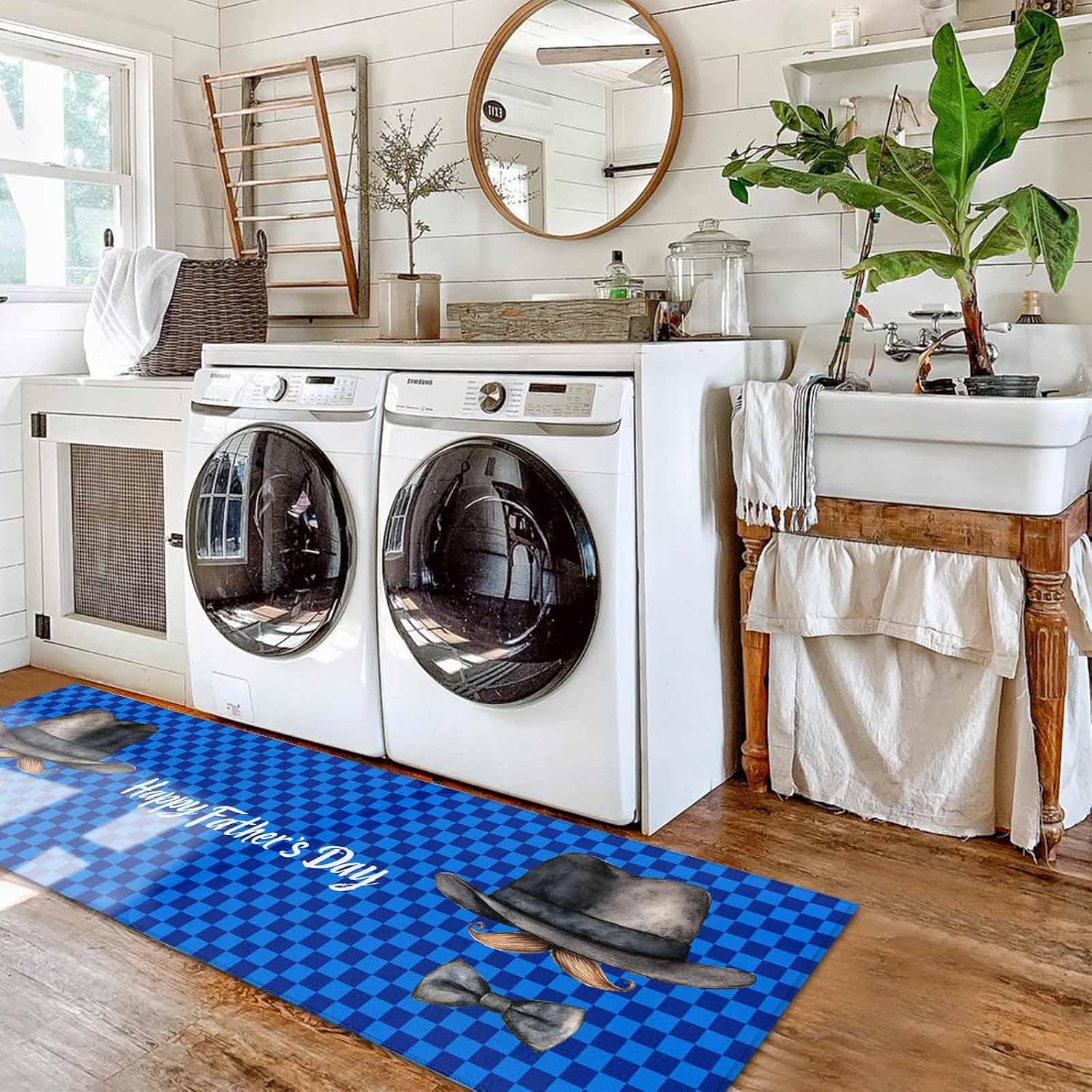 Kitchen Rugs and Mats Set,Happy Father's Day Hat Beard Bow Tie 2 Pieces Non Slip Cushioned Rug Floor Mat Blue Checker Plaid Absorbent Area Runner Comfort Standing Mats for Sink Bathroom
