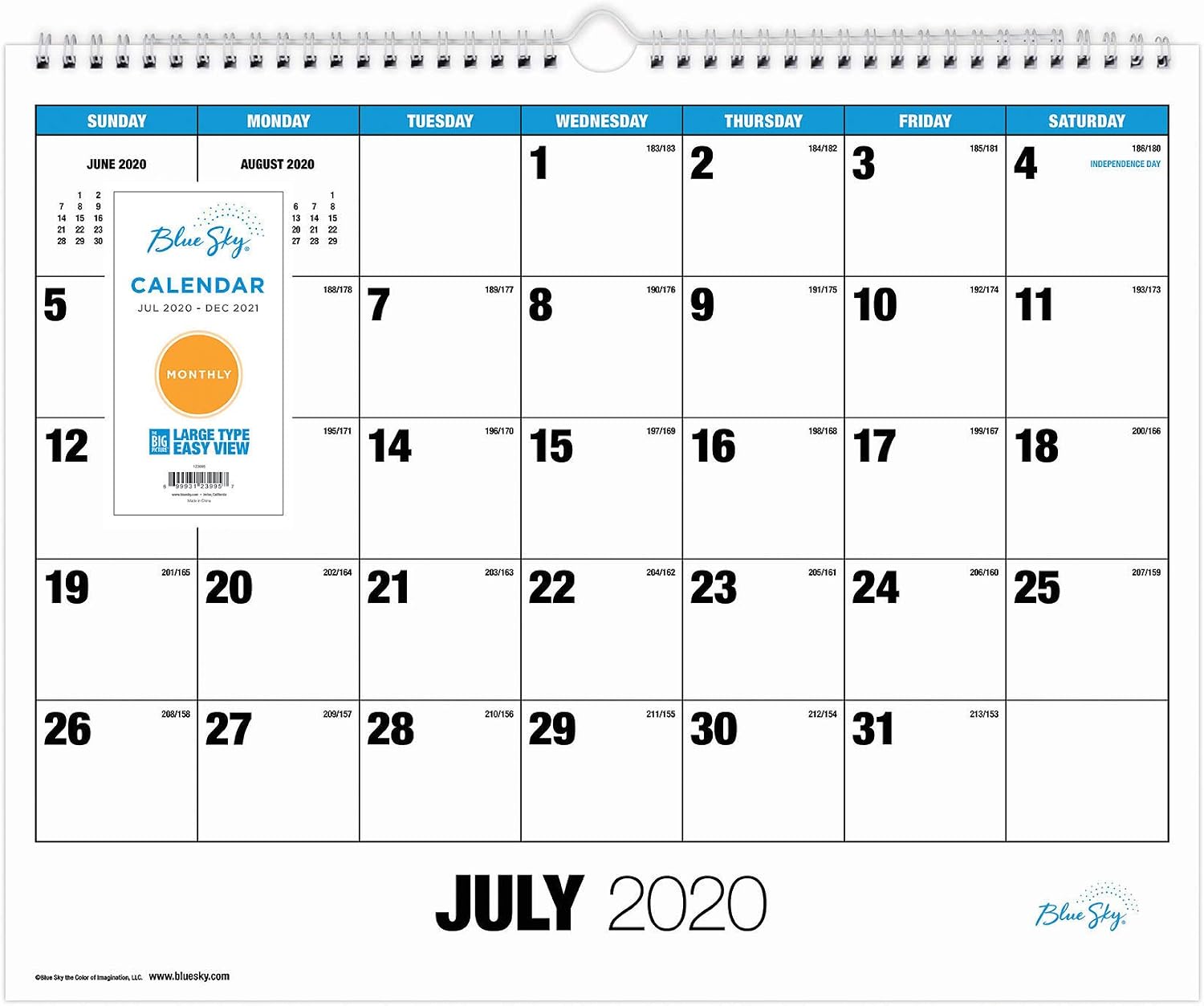 Blue Sky 2021 Monthly Wall Calendar, 18-Month, Twin-Wire Binding, Ruled Blocks, 15" x 12", Classic (123995)