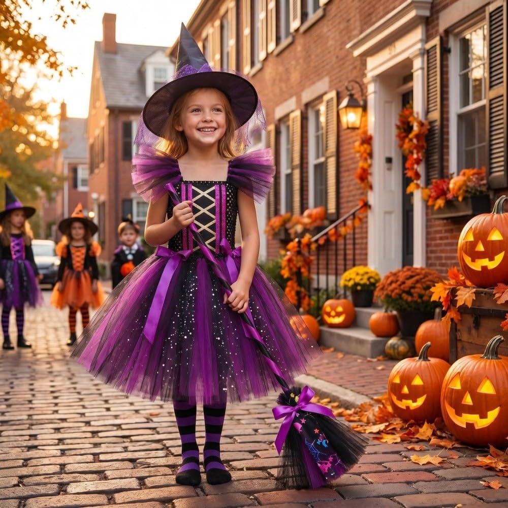 Hexenkostüm Set Für Mädchen Halloweenkostüme Für Kinder Kostüm Kinder Hexen Verkleidung Set Violett Prinzessin Kleid Faschingskostüme Karneval Kostüm Karneval Fasching Cosplay