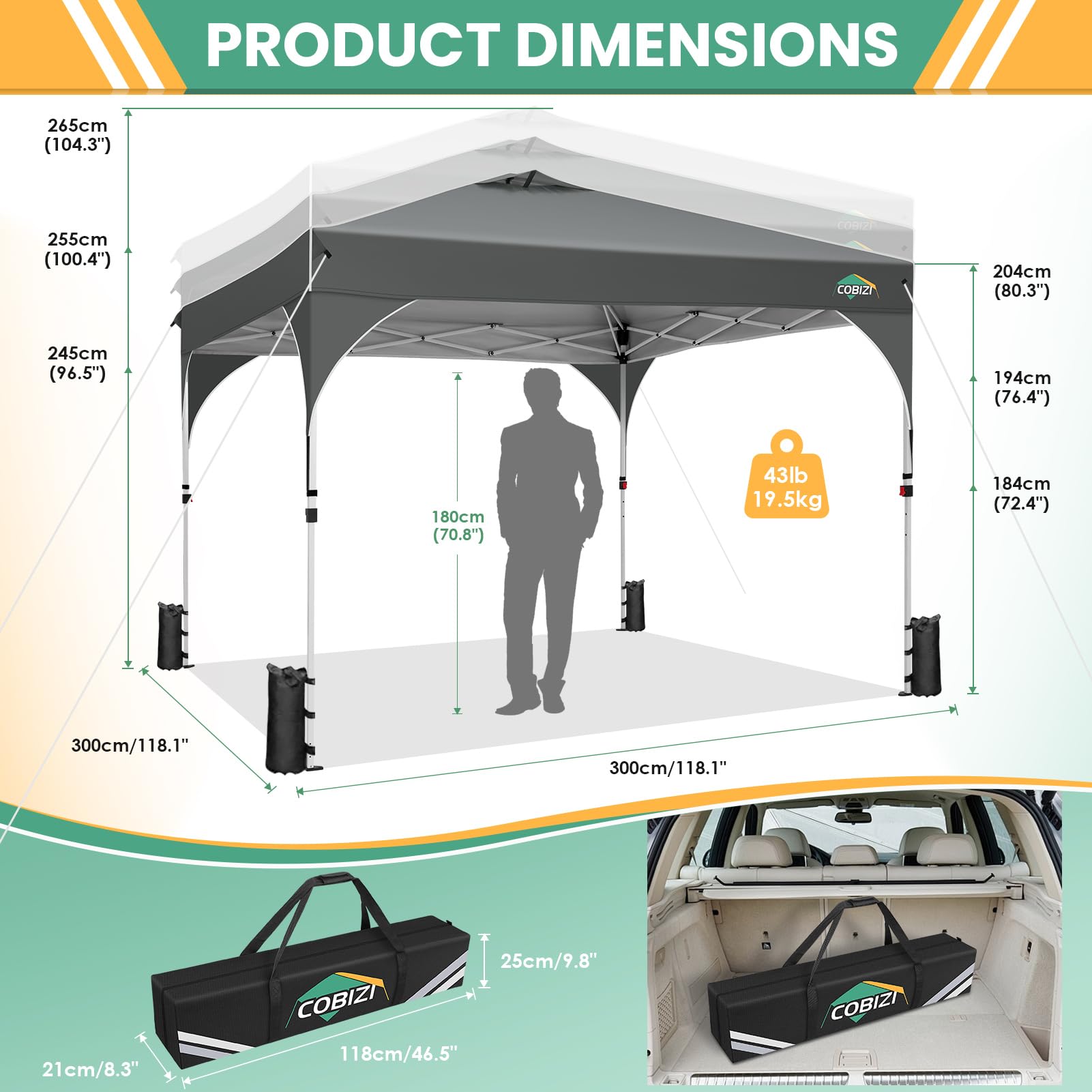 COBIZI Carpa Plegable 3x3 Carpas de Camping Impermeables | Carpas para Exteriores con Ventilaciones, Tubos Fluorescentes y 4 Sacos de Arena | Cenador Plegable Altura Ajustable,UFP 50+
