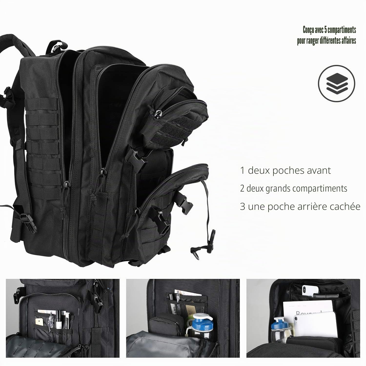 ProCase Sac à Dos Style Militaire, 42L Grand Volume Sac à Dos Multifonction, pour École/Trekking/Randonnée/Camping/Voyage/Pêche/Escalade/Alpinisme/Alpinisme ou Utilisation Quotidienne-Noir