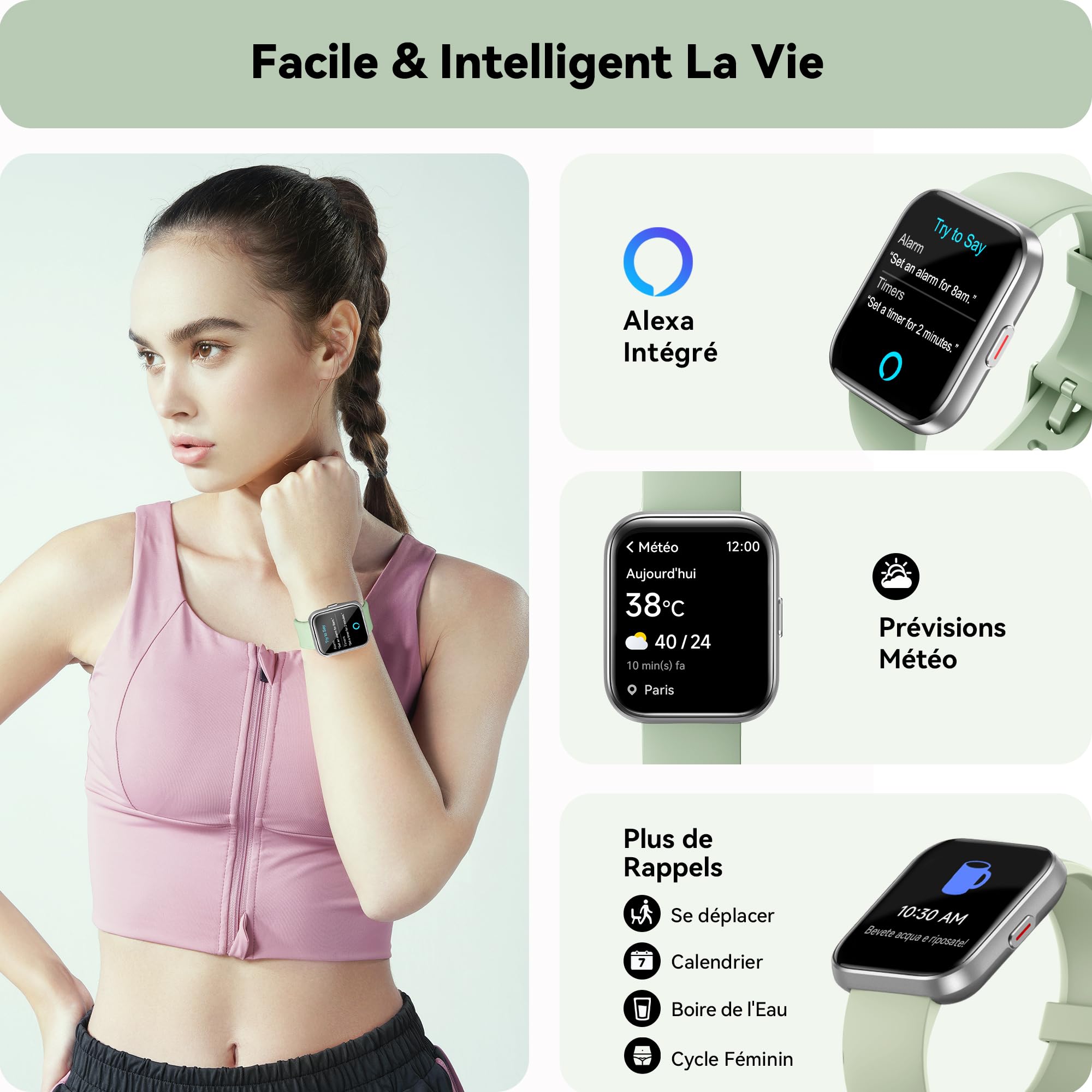 Montre Connectée Femme Homme, 1,8" Smartwatch avec Appel Bluetooth, Alexa Intégré, Fréquence Cardiaque/SpO2/Sommeil Moniteur, 100+ Modes Sport, IP68 Étanchéité, Montre Intelligente pour iOS Android