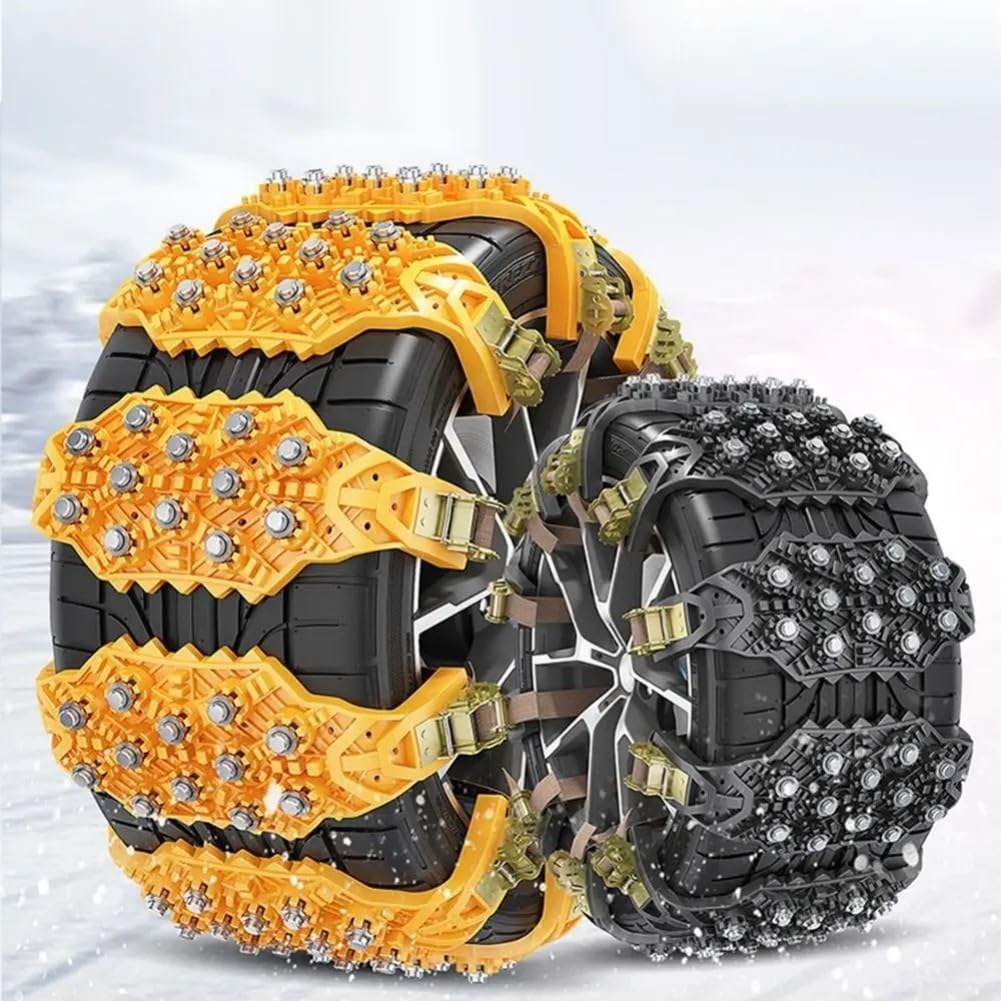 Lot de 4 chaînes à neige pour pneus de voiture avec clous en acier antidérapants et boucle réglable pour une traction sûre sur les routes glacées et les terrains de montagne (noir)