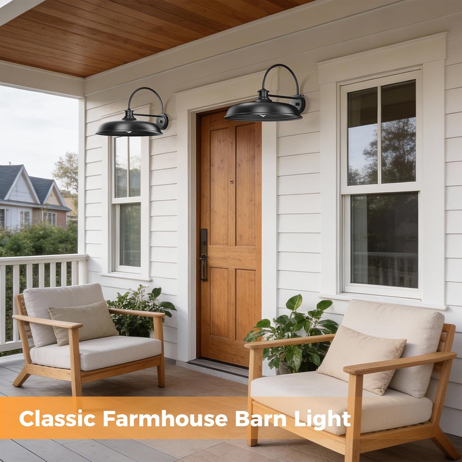 16 inch Dusk to Dawn Outdoor Gooseneck Barn Light, Large Rustic Porch Wall Light Fixture, Black Industrial Outside Wall Sconces, Waterproof Exterior Backyard Lights for Garage Yard Hardwired