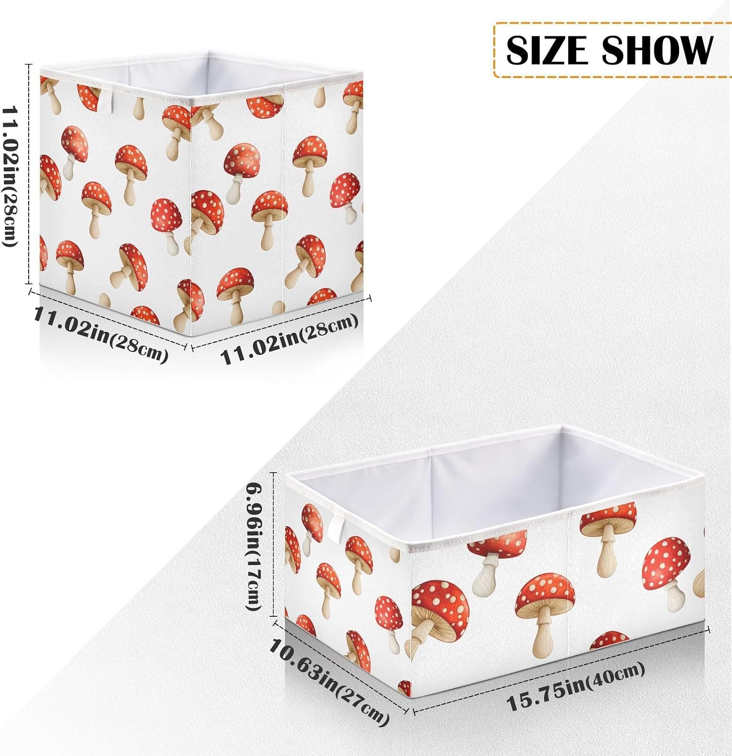 Red Mushrooms Cube Storage Box 11x11x11 inch Fabric Storage Basket with Handles Collapsible Waterproof Basket for Shelf & Closet Organizer Home Decor