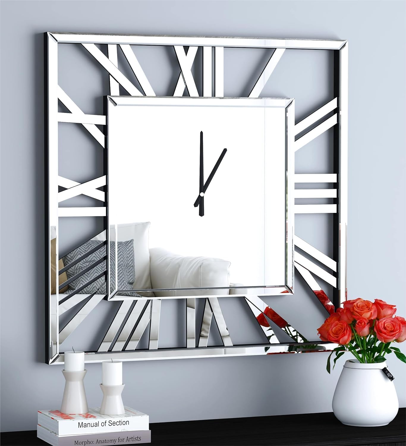 Biznest Full Mirrored Square Wall Clock Large Roman Numeral Clock Silver Finish Modern Home Decorative Mount (60x60 Cm)