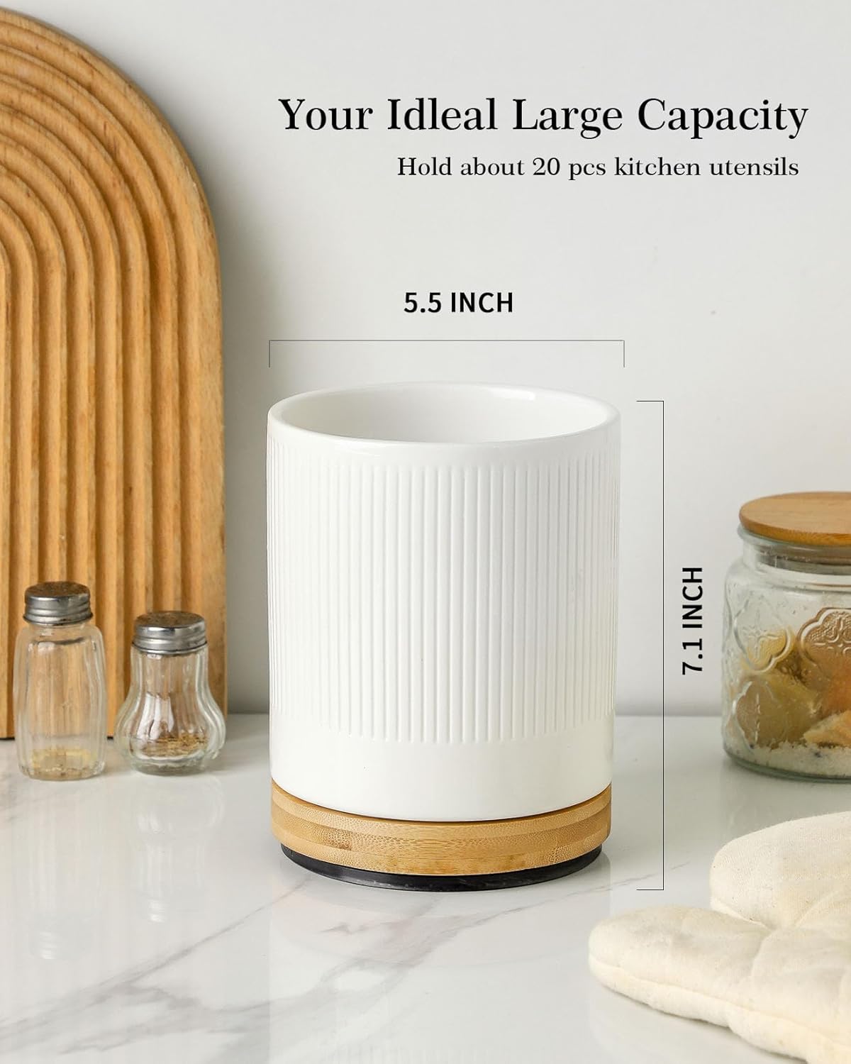 Kitchen Utensil Holder for Countertop, Ceramic Rotatable Utensil Crocks, Kitchen Tool Holder, Cooking Utensil Holder Organizer for Spatula, White