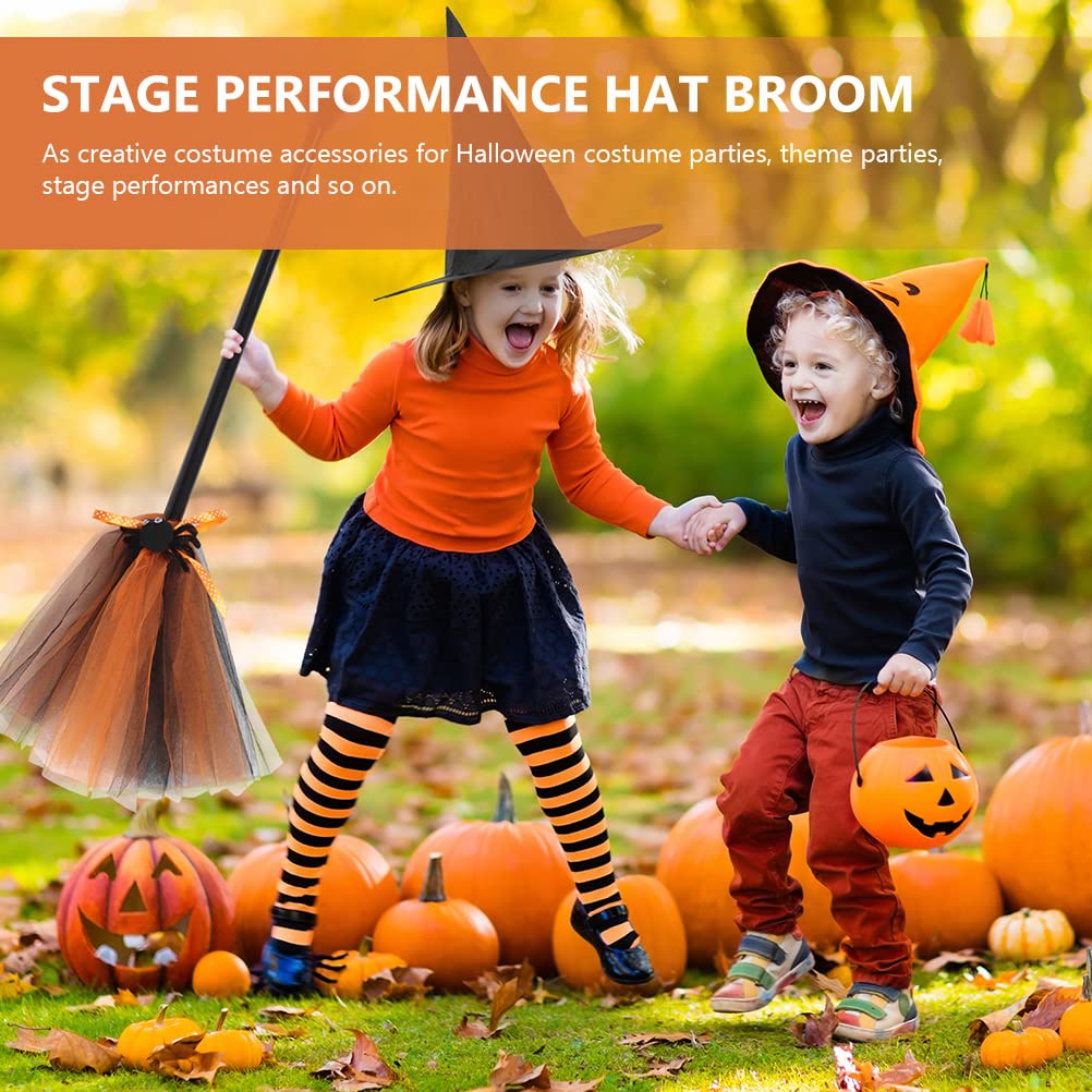 LOGOFUN 2PCS Witch Hat Broom Kit Halloween Costume Accessories Purple Witch Props for Ladies Cosplay Masquerade Makeup Party Supply - Orange