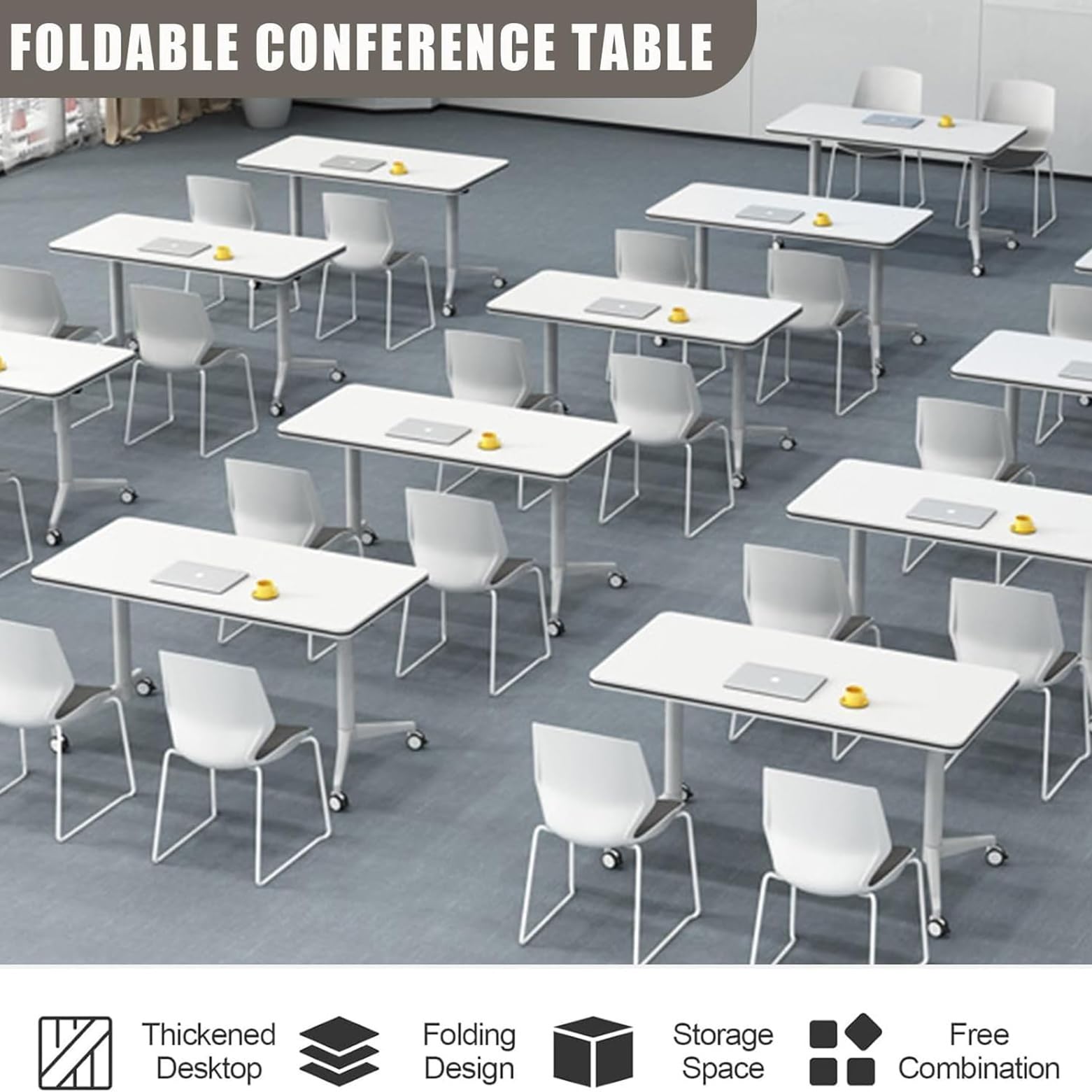 Mobiler Konferenztisch für Büros und Klassenzimmer, groß, rechteckig, Meeting-Seminartisch mit Rollen, ideal für Konferenzräume und Trainingsräume, Set mit 4 Tischen in Weiß, 120 x 50 cm