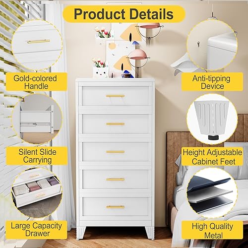 Miniatura 4 de Cómoda blanca de 5 cajones para dormitorio, cómodas y cajoneras de metal de 53.46 pulgadas de alto con diseño de esquinas curvas, cajonera