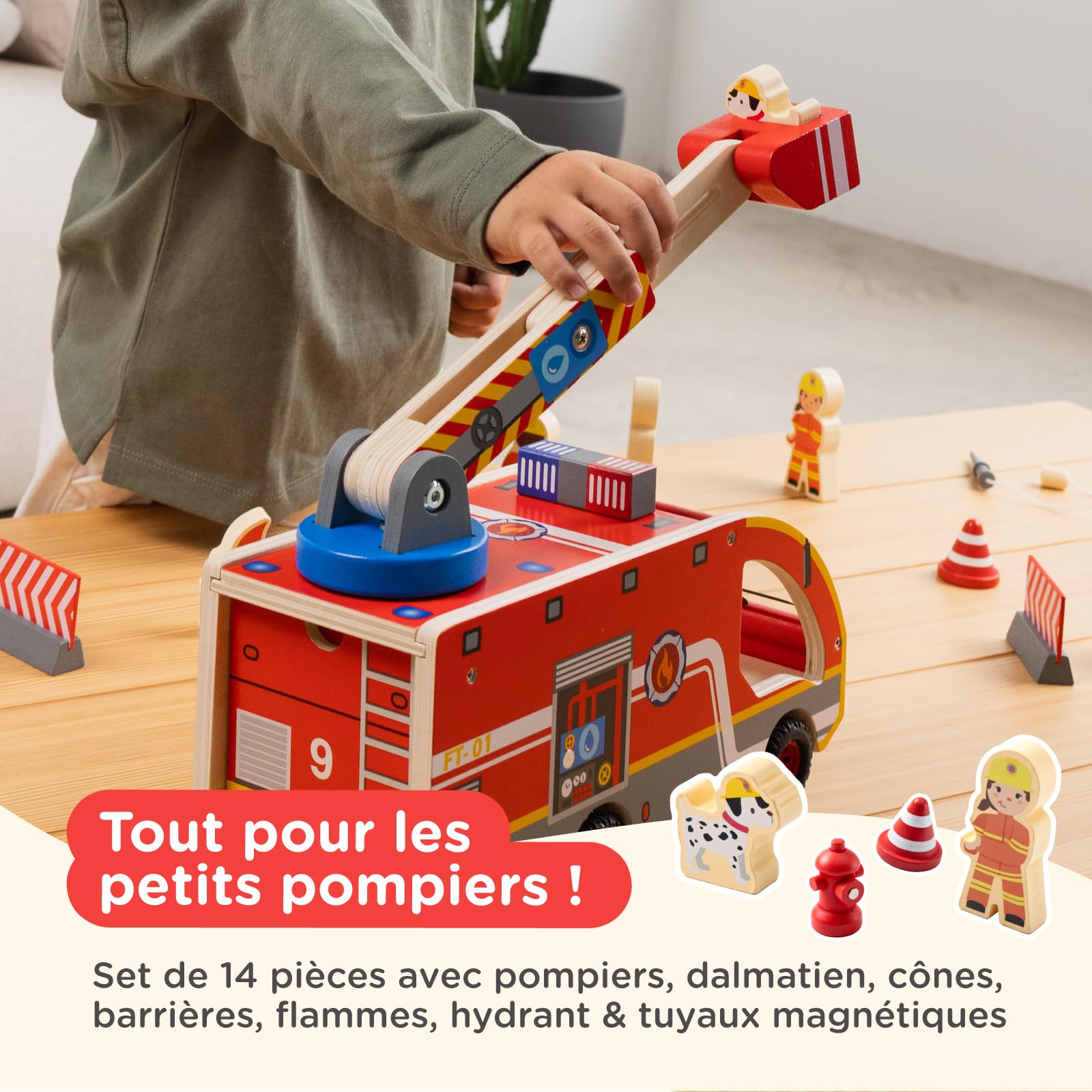 Nene Toys Camion de Pompiers en Bois – Jouet Éducatif Magnétique pour Enfants dès 2 Ans – Échelle Rotative 360°, Tuyaux Magnétiques, Hydrant, Pompiers & Dalmatien – Jouet Montessori FSC Cadeau