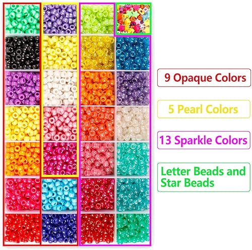 Miniatura 3 de INSCRAFT Juego de cuentas de poni, 4,600 cuentas de poni, letra y estrella de 0.354 in en 27 colores con cuerda elástica para hacer pulseras y joyas