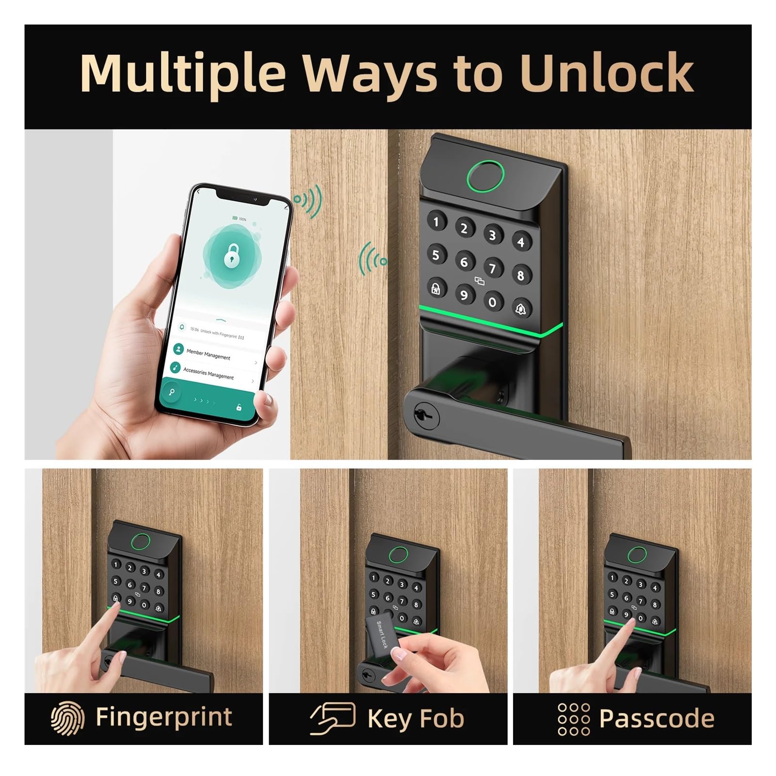 Compatible con Viladepot cerradura puerta inteligente de huellas digitales | Interfaz TYPE-C Control de aplicación Código de acceso Desbloqueo Manija del teclado electrónico con pantalla táctil