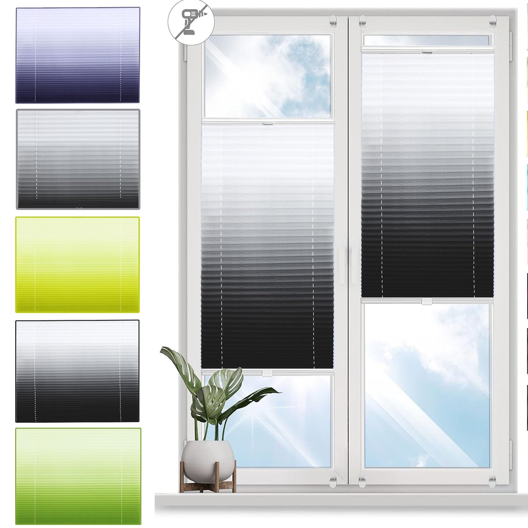 Custom Pleated Blind with NO Drilling 25 x 60 cm Stick on Blinds Curtains Pleated Shades Easy Fit Curtain with Clips Privacy Protection for Window Privacy Protection, Black