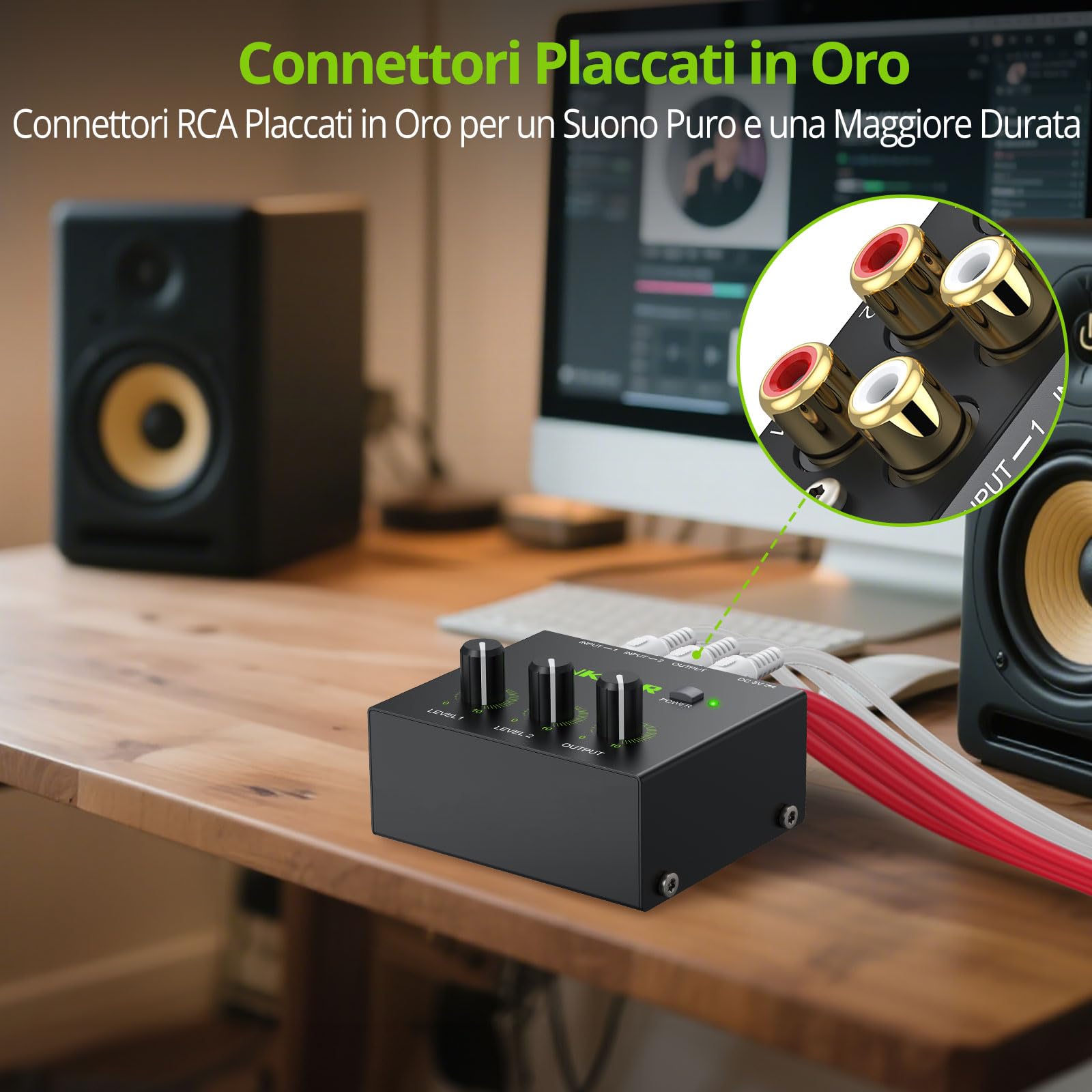 LiNKFOR Mixer Audio Stereo 2 Canali Attivo Basso Rumore, Audio Stereo RCA Compatto con Connettori Dorati, Mixer RCA 2 Canali con Controllo Volume Indipendente per PC/TV/Game
