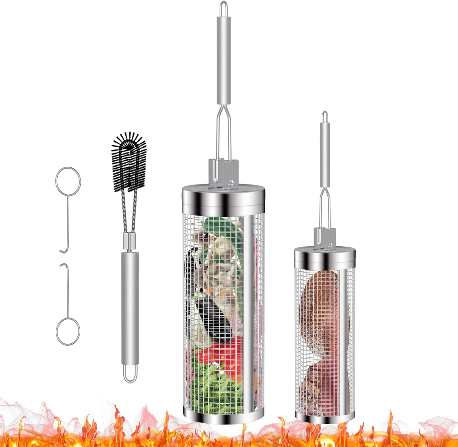 2Pack Rolling Grill Basket for Veggies & Meat, Vegetable Grilling Baskets for