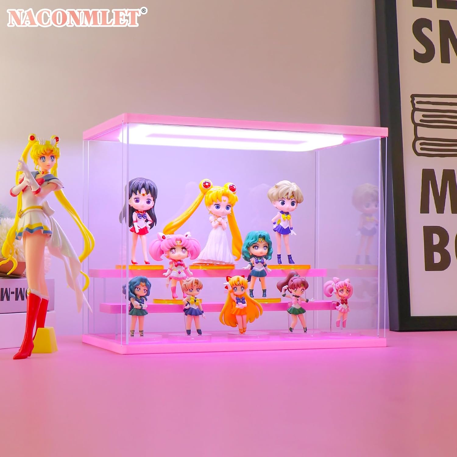 Pink Wood Base Acrylic Display Case for Action Figure Pop mart Display- Funko Pop Dustproof Showcase with Lighting,Multiple Layers for Collectibles(3 Tier-W*D*H-12.6"x7.5"x10.2"inches) image 4