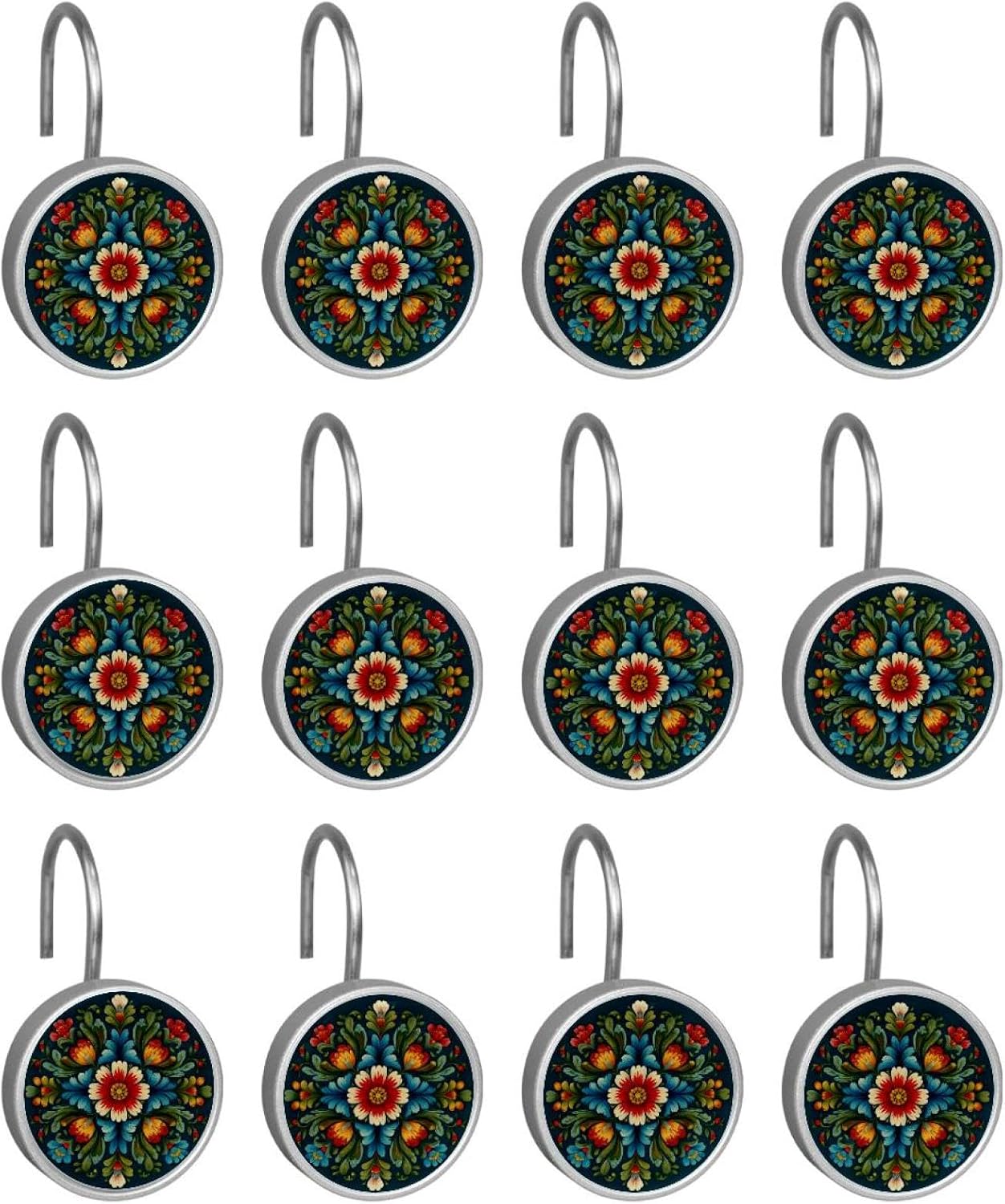 12 Pack Norwegian Rosemaling Folk Style Flower Shower Curtain Hooks, Stainless Steel Decorative Shower Curtain Rings for Bathroom, Rust Proof Shower Curtain Hangers for Curtains Rods
