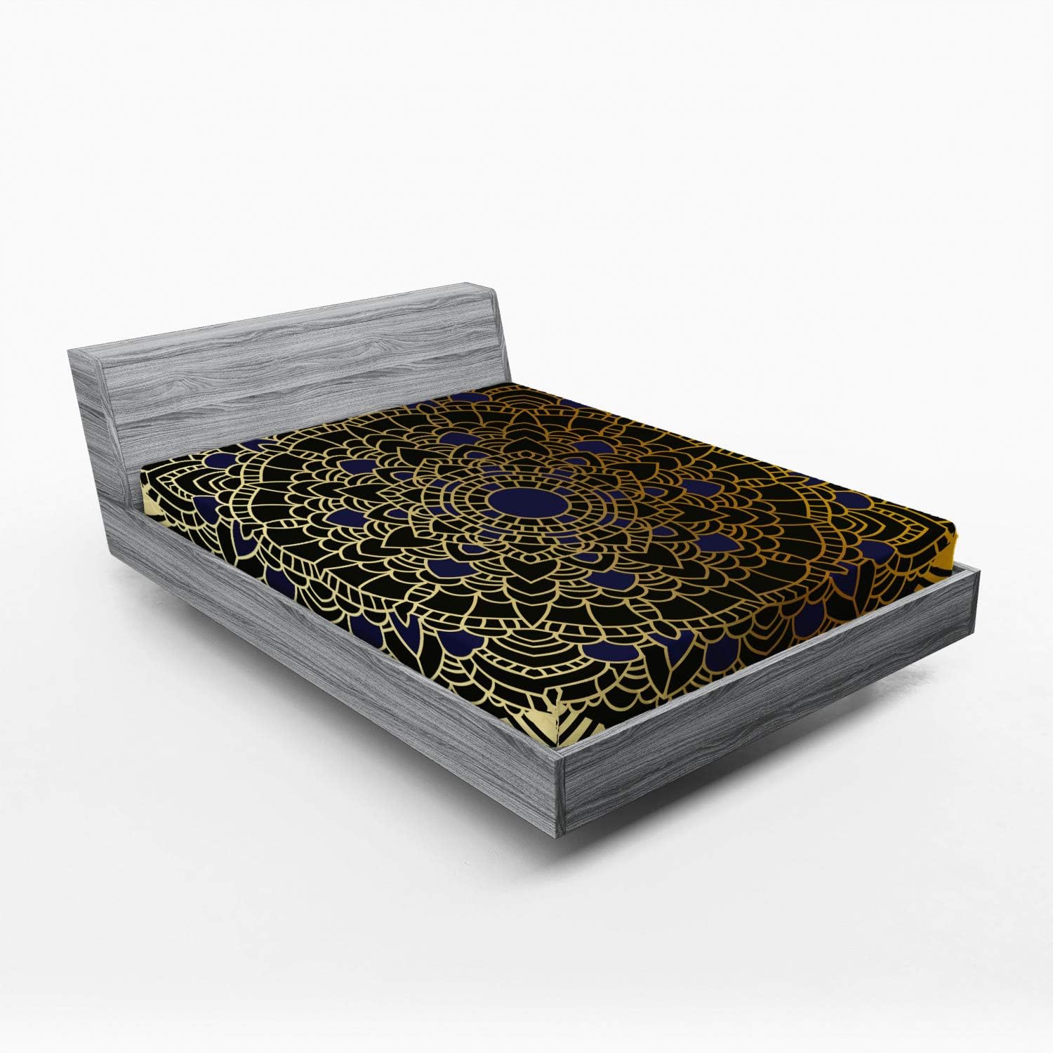 Ambesonne Mandala 2 Pack Fitted Sheet, Lotus Inspired Design, Bed Cover All-Round Elastic Deep Pockets 2 Pieces, Package Contains 2 Queen Size Fitted Sheets, Navy Blue Yellow