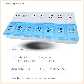 7 Day Weekly Pill AM PM Organizer, ShysTech Large Pill Case Pill Box for Pills/Vitamin/Supplements/Medication (Blue/White)