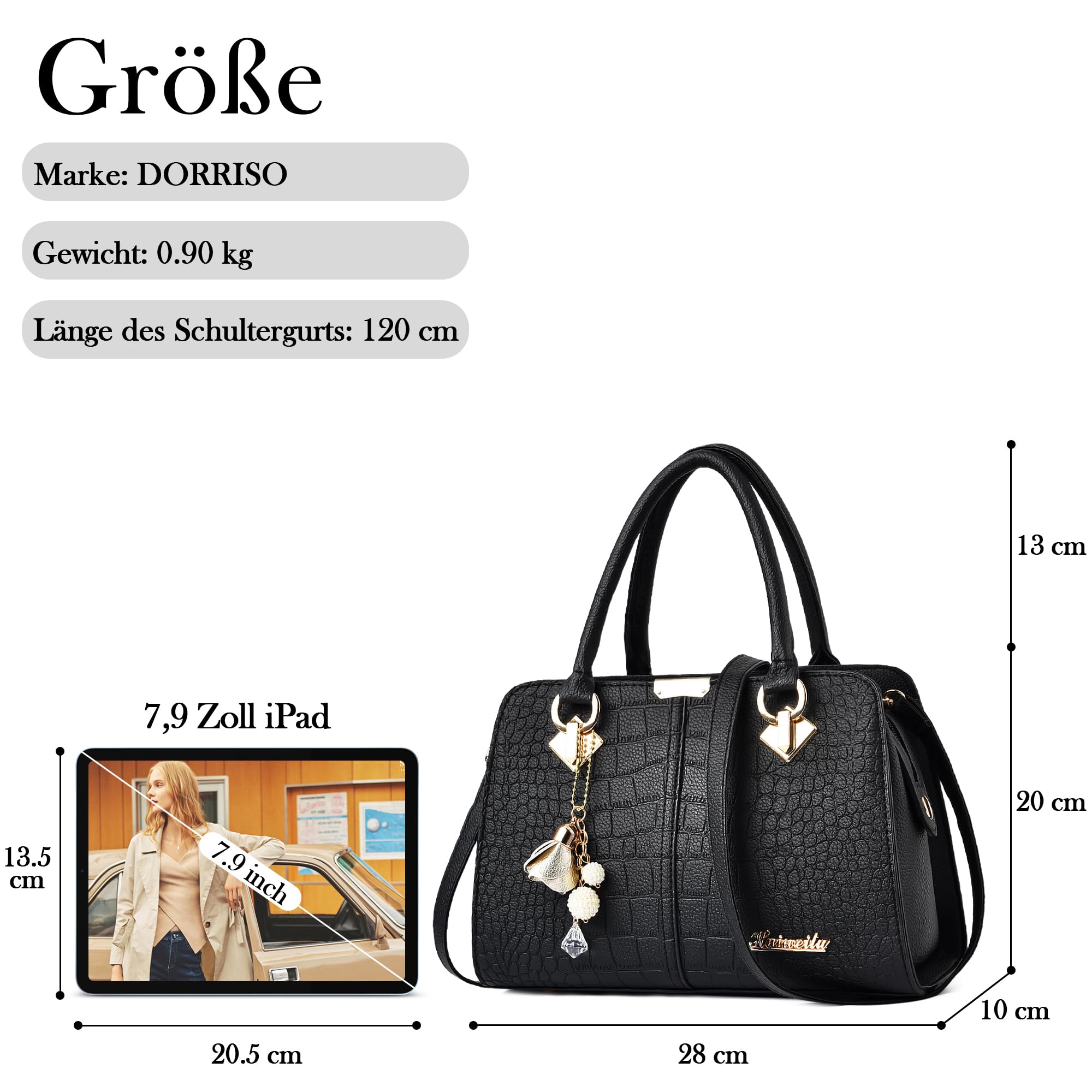 Handtasche Damen Mittelgroß - Elegante Große Kapazität Wasserdicht PU Leder Mode Ornamente Abnehmbarem Schulterriemen für Reisen Arbeit Einkaufen Klavierschwarz