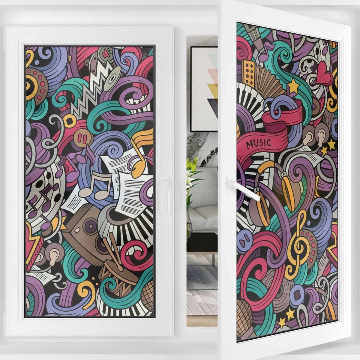 Light Blocking Film for Home Office Music Theme Instruments Privacy Window Film Frosted Decorative Glass Door Film 23.6Wx78.7L-inch x2 Pcs