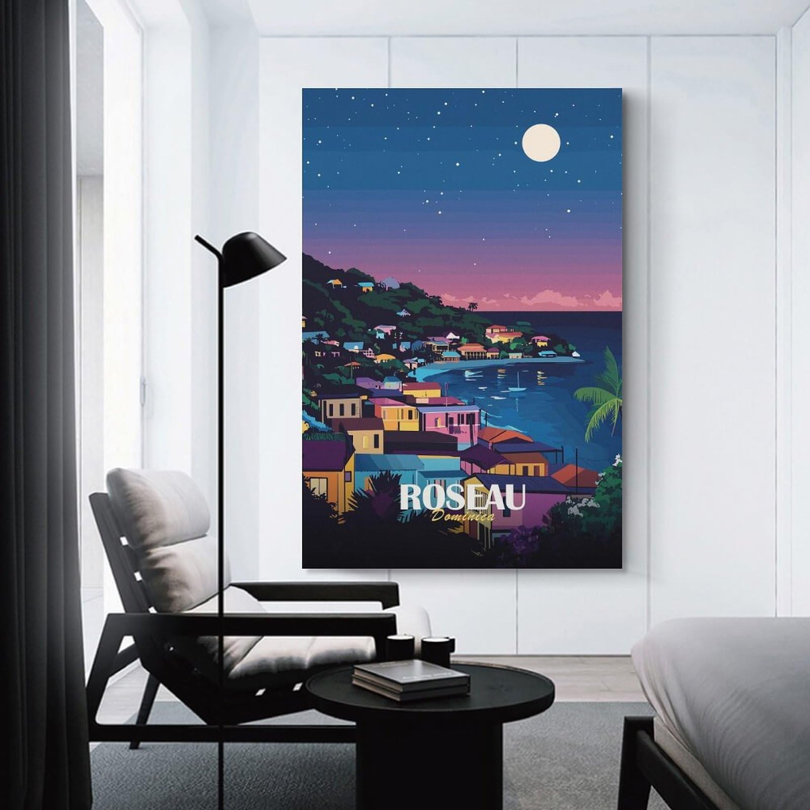 Junmoney Roseau Dominica Nightscape Art Print Wall Picture Print 16x24inch(40x60cm), for Lounge Decor, Offices Or Entryway Styling, Versatile Wall Decor for Many Rooms