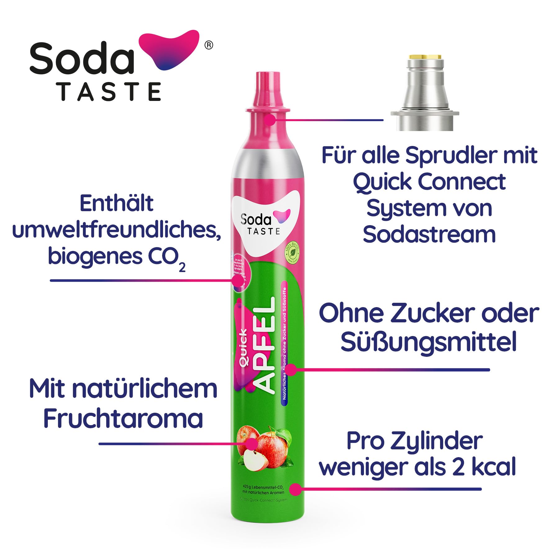 SodaTASTE Quick Apfel CO2-Zylinder tauschen 2er-Pack (Refill) für Wassersprudler mit Quick Connect System mit natürlichem Apfel-Aroma ohne Sirup, zuckerfrei (ACHTUNG: Leerzylinder nötig)