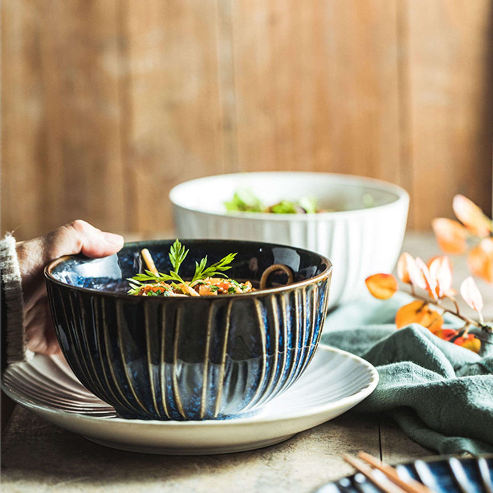 Duże ceramiczne miski do serwowania, zestaw 2 sztuk, niebieska miska na płatki śniadaniowe na śniadanie, mała głęboka miska sałatkowa do zupy, niebieska, 750 ml, 25 ml