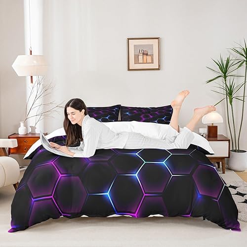 Homewish Juego de funda de edredón de nido de abeja, tamaño King, color fucsia y azul, funda de edredón con luces de neón geométricas hexagonales,