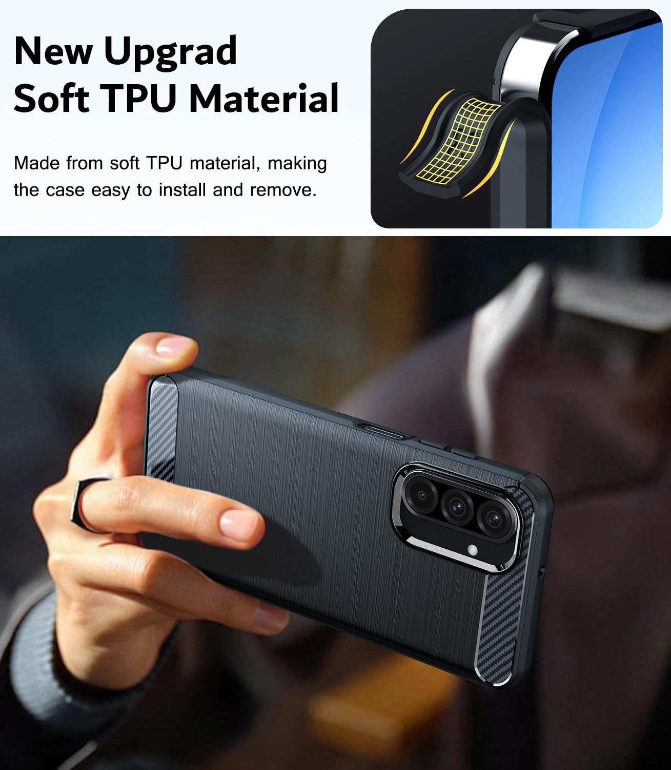 TesRank Etui do Samsung Galaxy A17 5G+ Zestaw 2 sztuk szkła hartowanego, ochrona z włókna węglowego] Elastyczny miękki pokrowiec premium TPU Galaxy A17 5G Odporny na zarysowania Odporny na wstrząsy