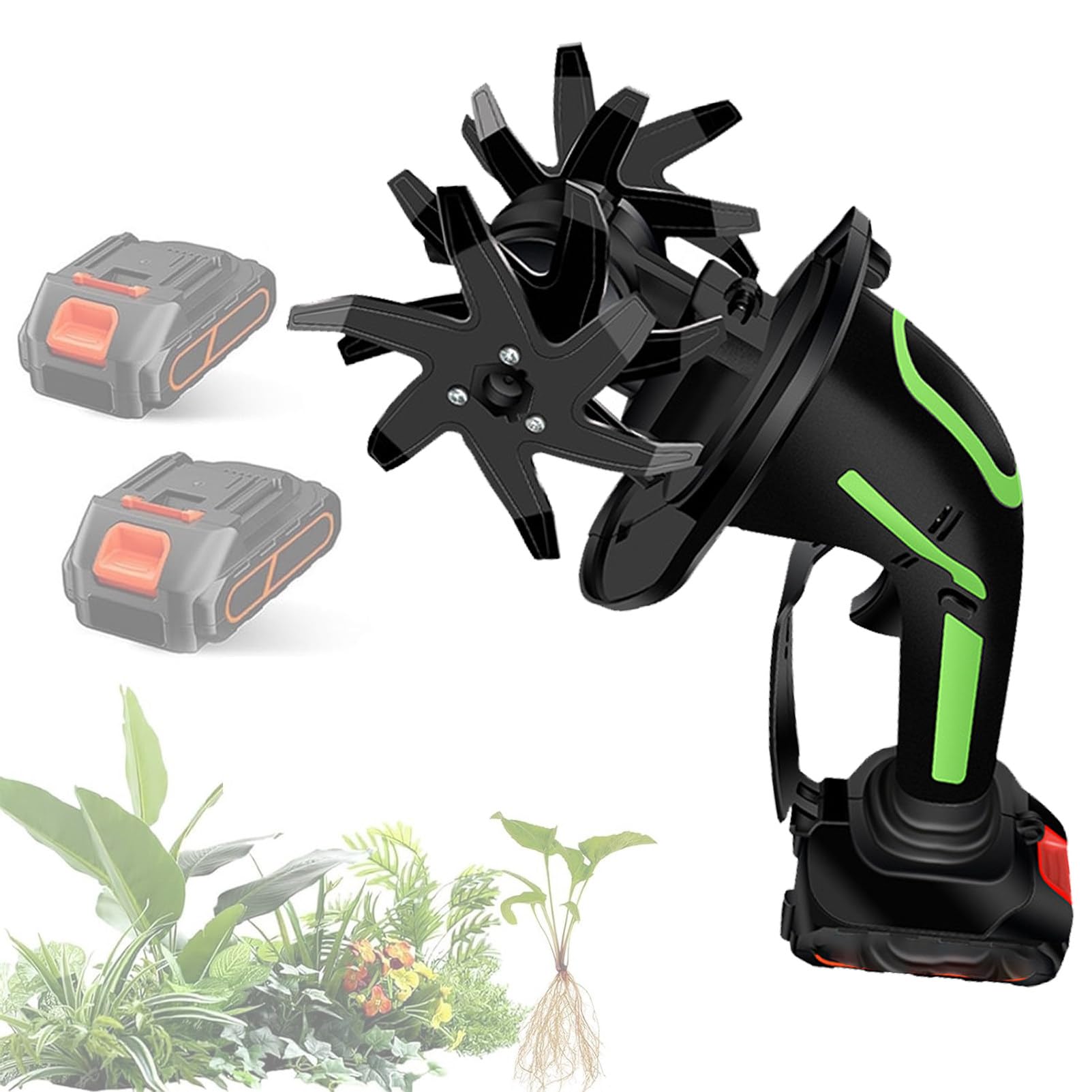 Motoazada Eléctrica, 21V Motoazada Bateria con 2 Baterías 1500mAh, Motocultor Electrico Sin Cable con 4 Cuchillas de Metal, Motoazada con Cargadores para Huerto Green-