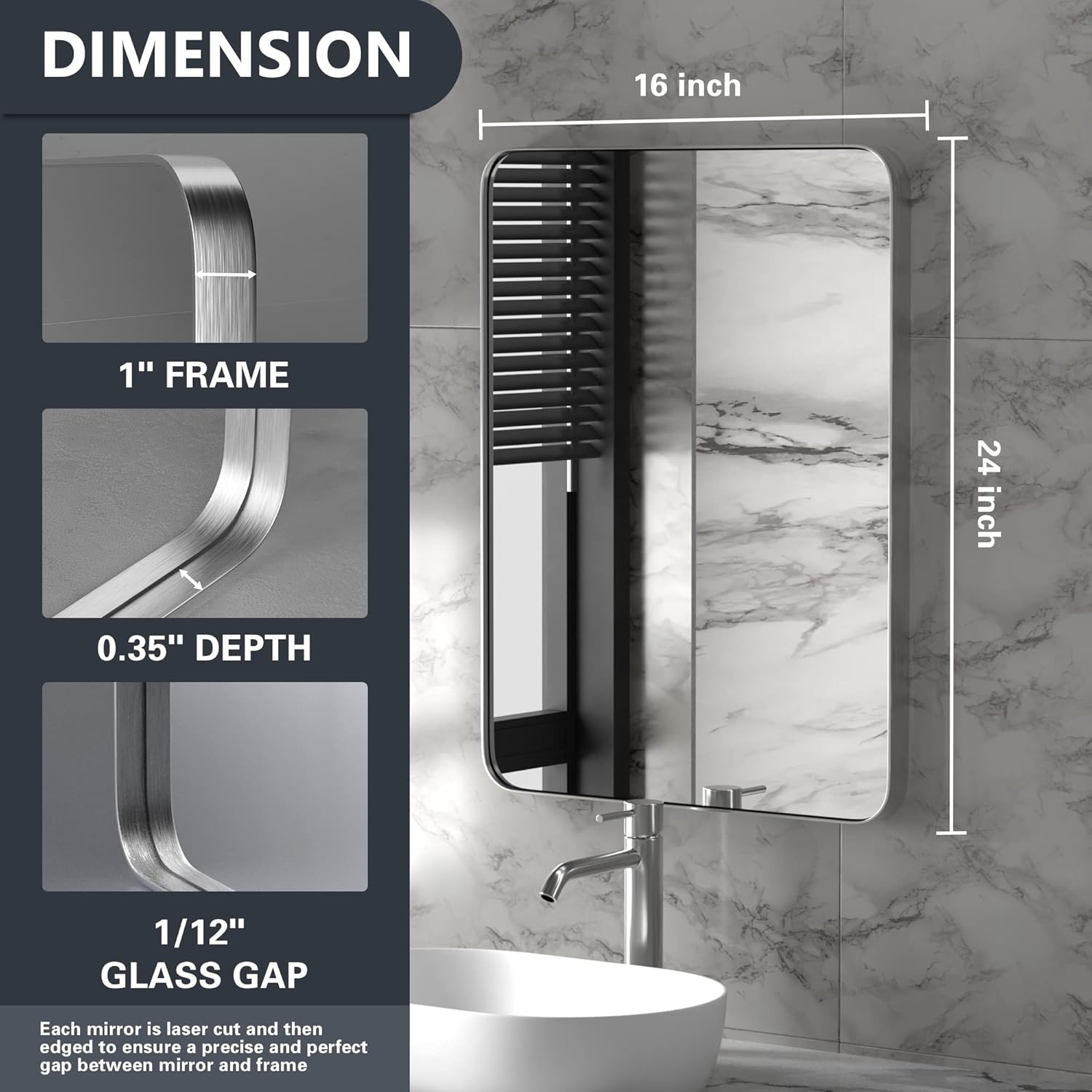 PAIHOME 16x24-Inch Brushed Nickel Bathroom-Vanity-Mirror for Wall - 304 Stainless Steel Silver Frame Bathroom Mirrors, Rectangle Farmhouse Mirror, Vertical Or Horizontal Hanging Modern Mirror