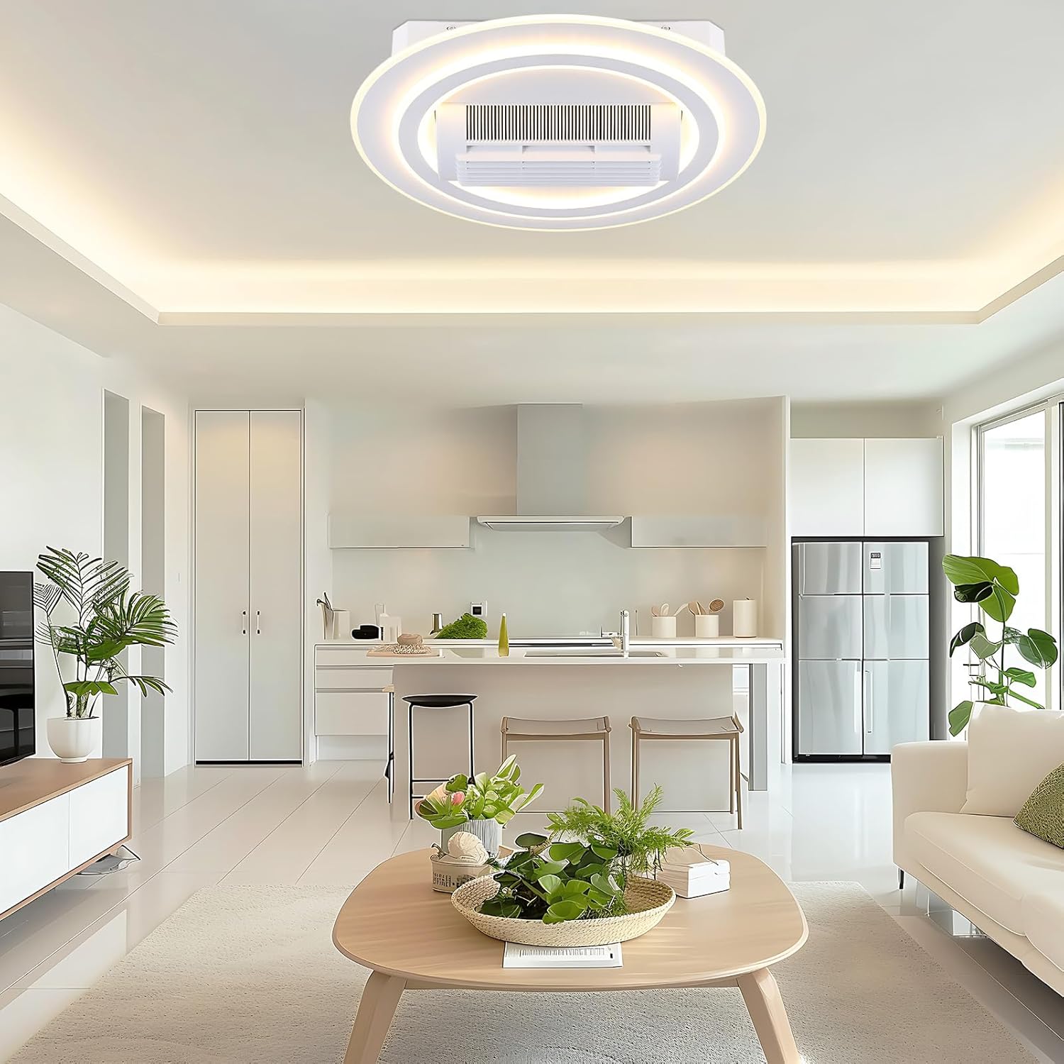 Bladeless Ceiling Fans with Lights, 20" Modern Flush Mount Ceiling Fan with Remote and Dimmable LED Lights, 6 Speed Fan Light for Bedroom Living Room (Round)