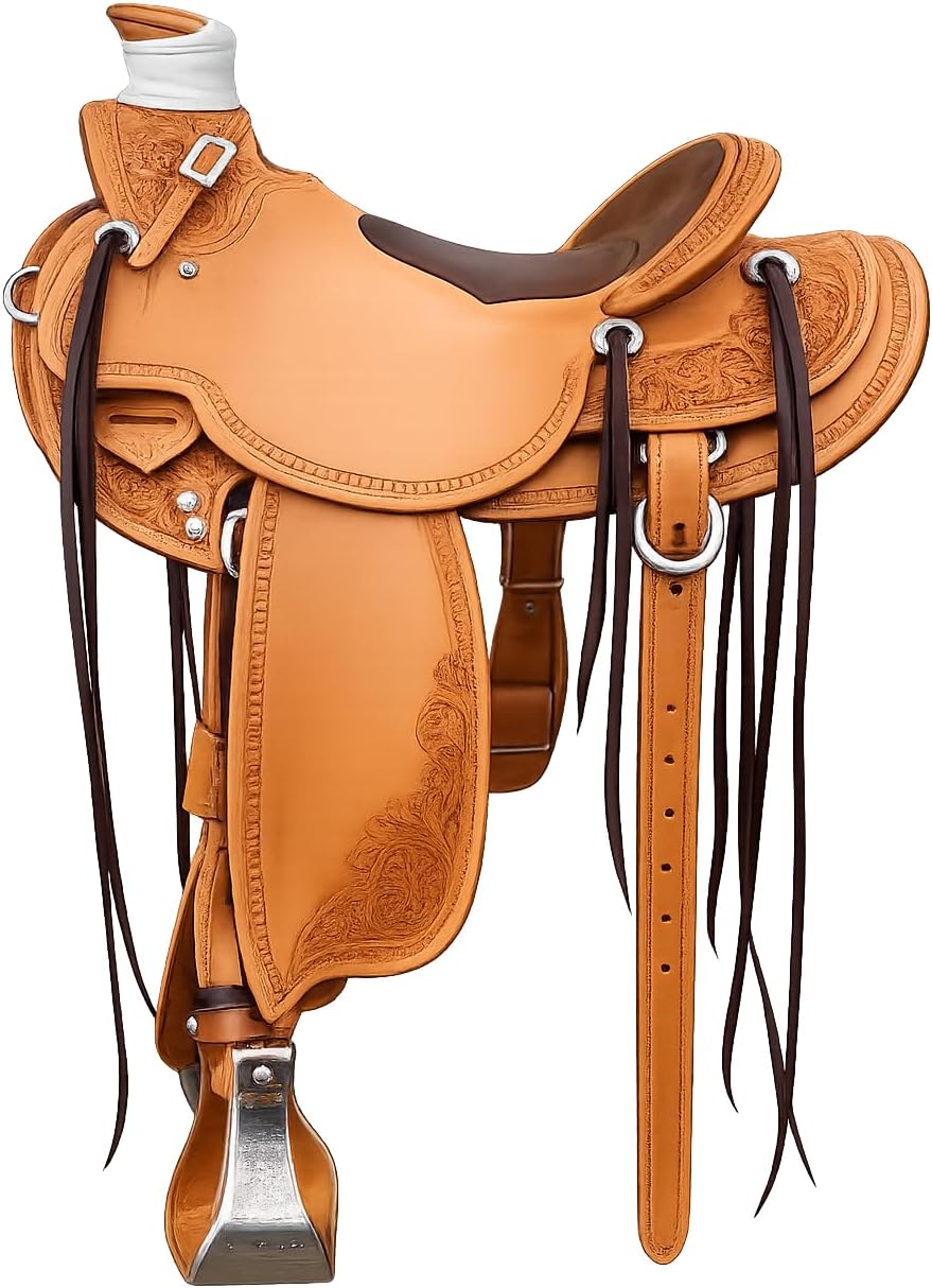 Wade Horse Saddle Tree A Fork Ranch Roping Work Handmade Tooled Carved Premium Leather Western Equestrian Trail Tack Adult & Pony Horse Riding Saddle, Size: 10-18 inch Seat, MO-136