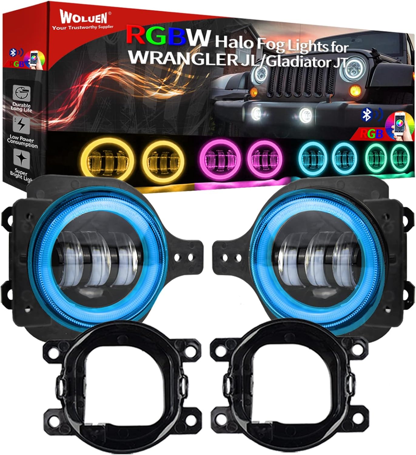 4 inch Fog light for Wrangler JL Gladiator Sport Fog Lights with RGBW halos Compatible with 2018-2023+ Wrangler JL JLU Unlimited Sport Rubicon Sahara with 2 Pairs Mounting Bracket,DOT Compliant