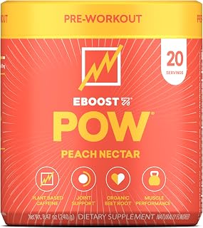 EBOOST POW Natural Pre Workout Powder - 20 Servings, Peach Nectar - Preworkout Energy Booster Gym Supplement Drink Mix for Men and Women - Performance, Joint Mobility Support - Gluten-Free