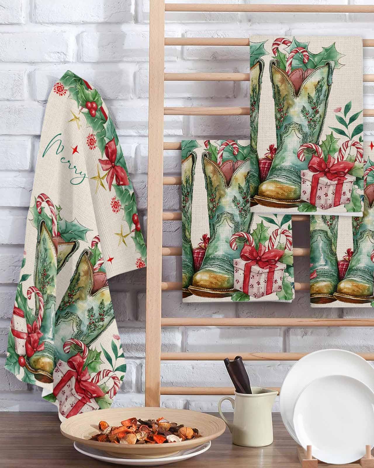 Hokiten Cowboy Christmas Waffle Kitchen Towels Dishcloths, Berry Xmas Botanical Green Rustic Absorbent Dish Towels | Hand Towels for Bathroom/Bar, 16 x 24 Inch, 3 Pcs